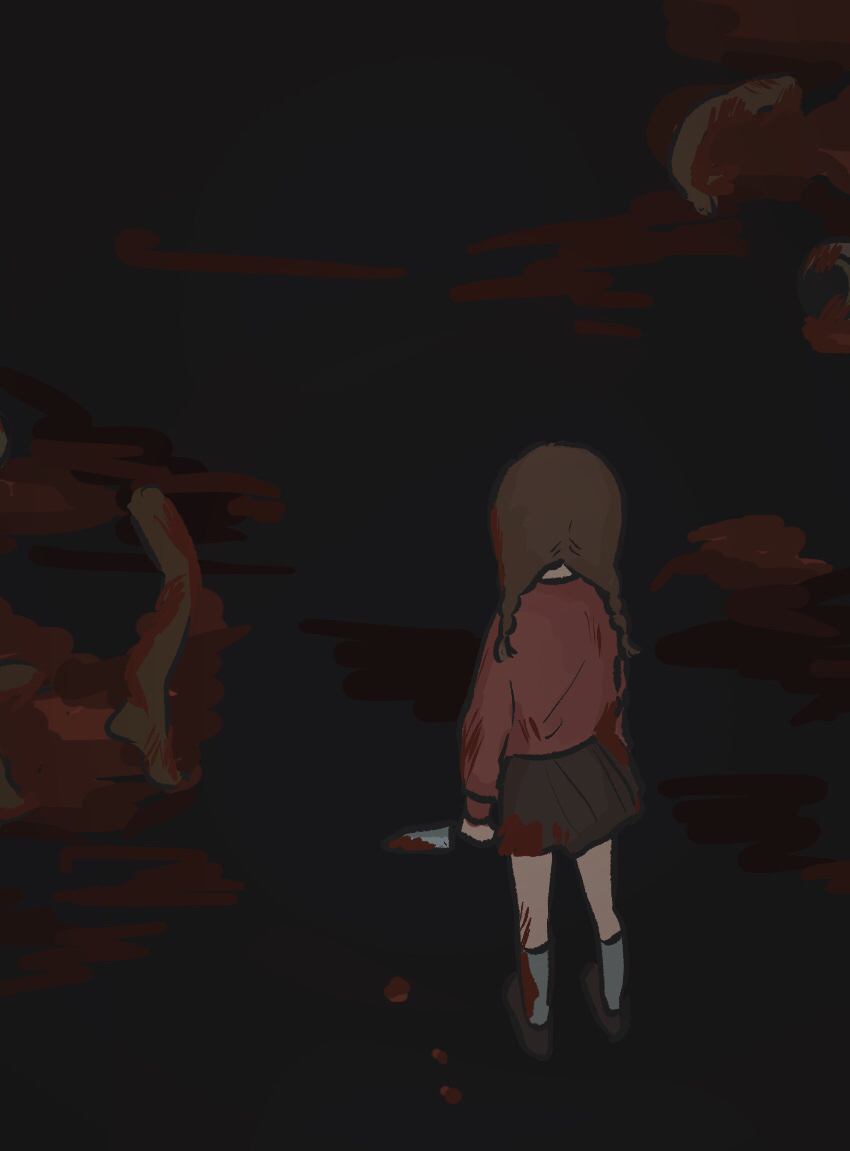 1girl arms_at_sides blood blood_on_clothes blood_on_knife braid brown_footwear brown_hair brown_skirt commentary_request corpse facing_away from_above from_behind fucca grey_socks holding holding_knife kneehighs knife long_hair long_sleeves low_twin_braids madotsuki multiple_others murder pink_sweater pool_of_blood severed_leg severed_limb shoes skirt socks solo_focus standing sweater twin_braids wide_shot yume_nikki