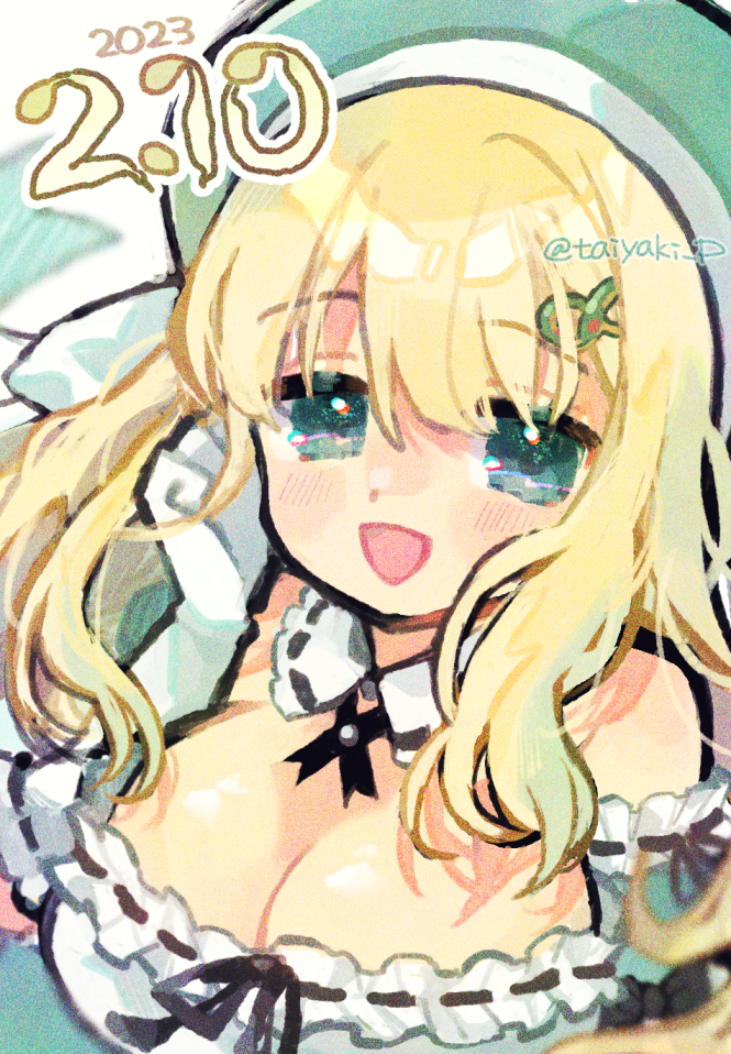 1girl black_ribbon blonde_hair blush breasts cleavage dated detached_collar doradorakingyo elbow_gloves gloves green_eyes green_headwear huge_breasts long_hair looking_at_viewer open_mouth ribbon ribbon-trimmed_gloves ribbon-trimmed_shirt ribbon_trim senran_kagura solo twitter_username white_gloves yomi_(senran_kagura)