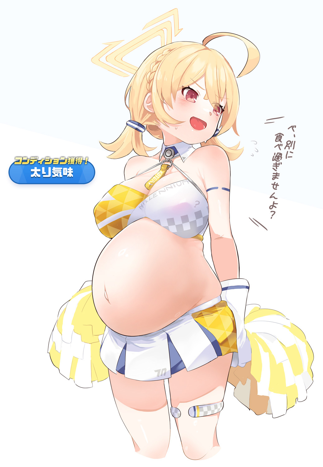 1girl ahoge big_belly blonde_hair blue_archive blush braid breasts cheerleader cleavage commentary_request cropped_legs detached_collar flying_sweatdrops gloves halo halterneck highres holding holding_pom_poms kotori_(blue_archive) kotori_(cheer_squad)_(blue_archive) large_breasts looking_to_the_side millennium_cheerleader_outfit_(blue_archive) naik official_alternate_costume open_mouth outie_navel pom_pom_(cheerleading) pregnant red_eyes short_twintails simple_background skirt solo sweatdrop text_print thigh_strap translation_request triangle_halo twintails v-shaped_eyebrows white_background white_gloves white_skirt yellow_halo