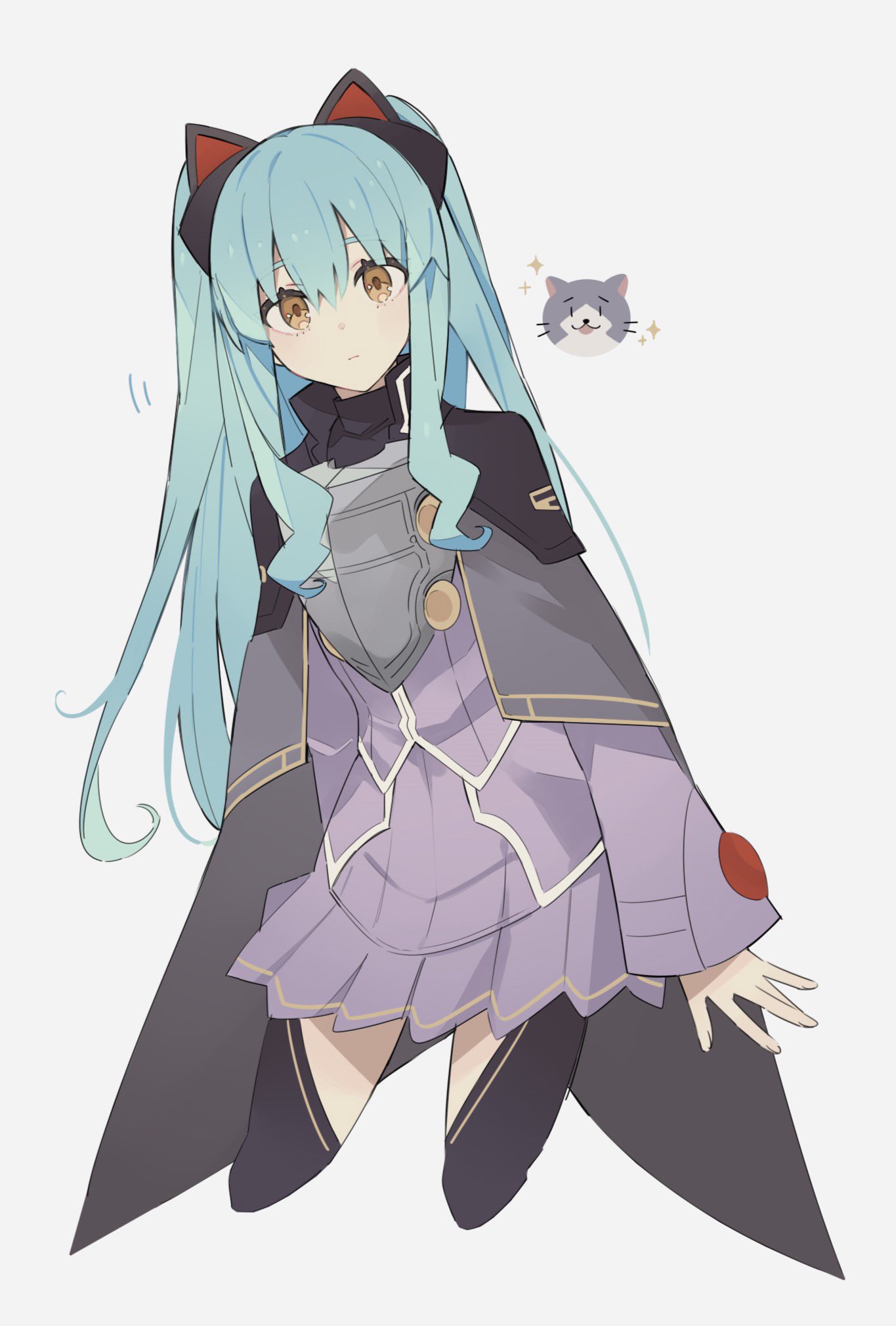 1girl animal_ears armor blue_hair breastplate cape cat_hair_ornament clothing_cutout dress eiyuu_densetsu fake_animal_ears george_man hair_ornament highres long_hair long_sleeves looking_at_viewer mishy pleated_dress purple_cape purple_dress shield shoulder_guard sidelocks simple_background solo sparkle thigh_cutout tio_plato whiskers white_background yellow_eyes zero_no_kiseki