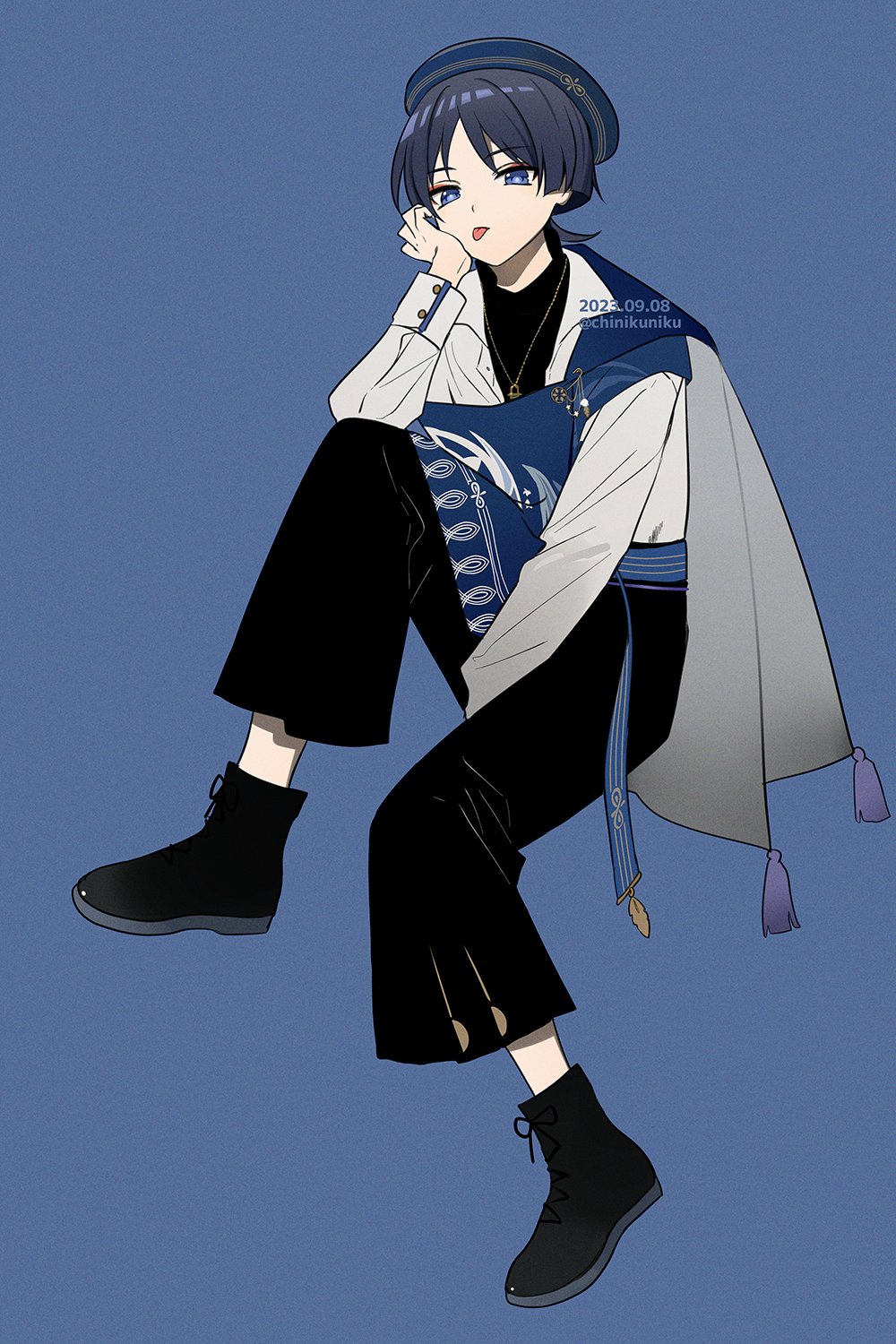 1boy alternate_costume artist_name belt beret black_footwear black_hair black_pants black_shirt blue_background blue_belt blue_cape blue_eyes blue_headwear blunt_ends boots cape chinikuniku collared_shirt dated eyeshadow genshin_impact gold_necklace grey_cape hand_on_own_face hand_up hat highres jewelry long_sleeves looking_at_viewer makeup male_focus necklace open_clothes open_shirt pants parted_bangs puffy_long_sleeves puffy_sleeves red_eyeshadow scaramouche_(genshin_impact) shirt short_hair simple_background sitting solo striped striped_belt t-shirt tassel tongue tongue_out two-sided_cape two-sided_fabric white_shirt
