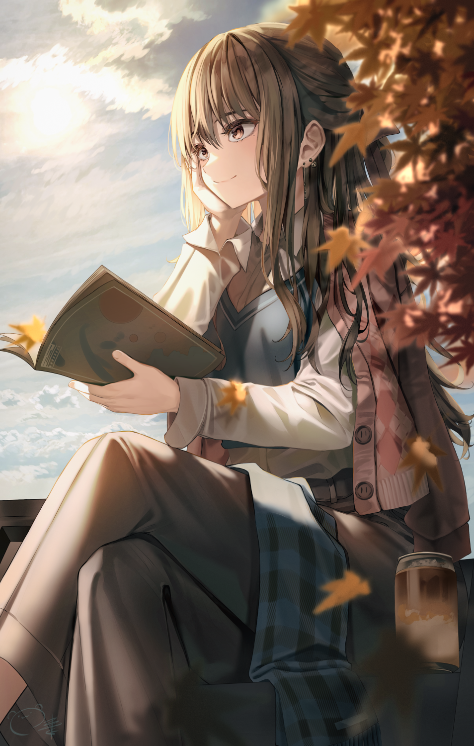 1girl autumn autumn_leaves blue_sweater blurry blurry_foreground book brown_eyes brown_hair brown_pants cardigan_on_shoulders collared_shirt crossed_legs dress_shirt earrings hair_between_eyes hand_on_own_cheek hand_on_own_face highres holding holding_book jewelry leaf long_hair long_sleeves maple_leaf original outdoors pants ruda_(ruda_e) shirt signature sitting smile solo sweater white_shirt wing_collar