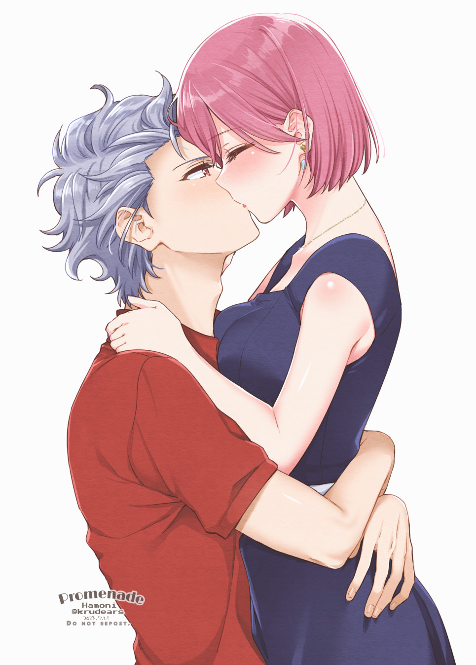 1boy 1girl arms_around_waist artist_name blue_dress blush bob_cut breasts closed_eyes collared_shirt couple dated dress earrings grey_hair hair_between_eyes hand_on_another's_shoulder hetero highres jewelry kiss krudears medium_breasts pink_hair protagonist_(tokimemo_gs3) red_eyes red_shirt shirt shitara_seiji short_hair short_sleeves sleeveless sleeveless_dress squeezing tokimeki_memorial tokimeki_memorial_girl's_side_3rd_story twitter_username upper_body white_background