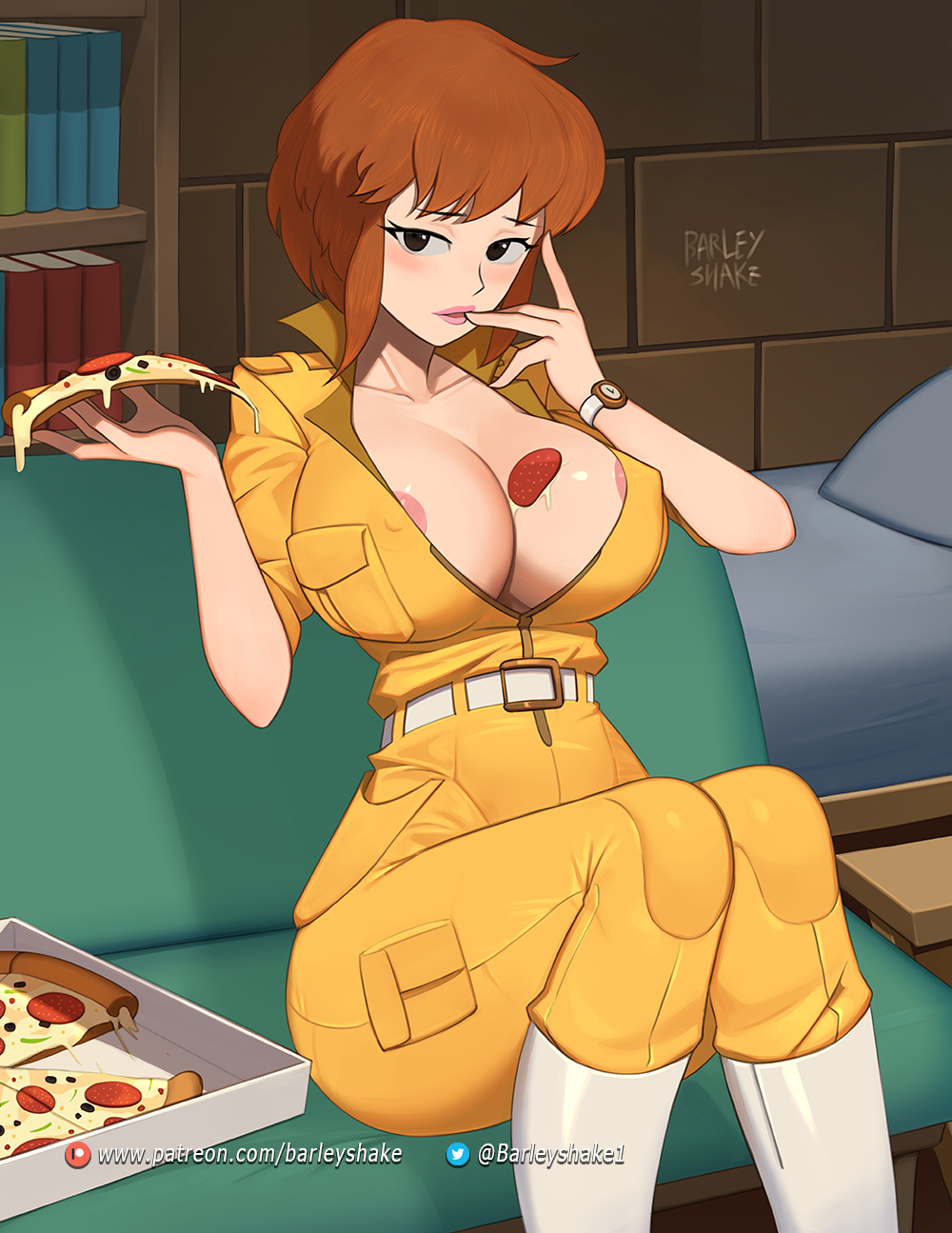 1girl april_o'neil areola_slip artist_name barleyshake belt black_eyes bookshelf boots breasts brown_hair cleavage couch covered_nipples finger_in_own_mouth food highres indoors jumpsuit large_breasts pizza pizza_slice sitting solo teenage_mutant_ninja_turtles watch white_footwear wristwatch yellow_jumpsuit
