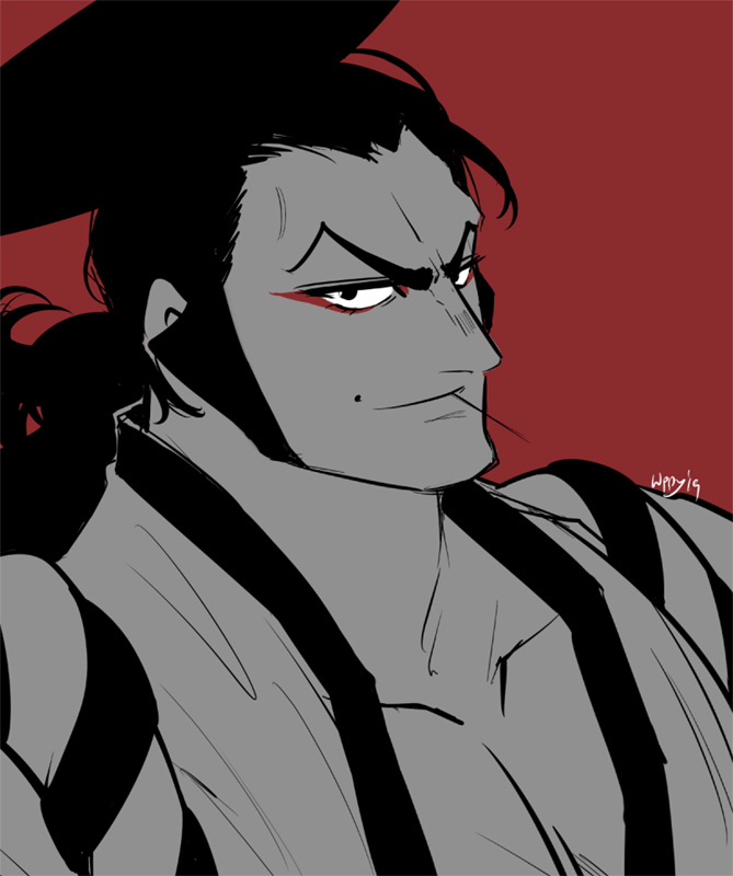 1boy black_hair eyeliner facial_hair food japanese_clothes kouzuki_oden long_hair looking_at_viewer makeup male_focus manly mature_male oden one_piece pectoral_cleavage pectorals pirate red_background red_eyeliner samurai sideburns smile solo toothpick wppyart