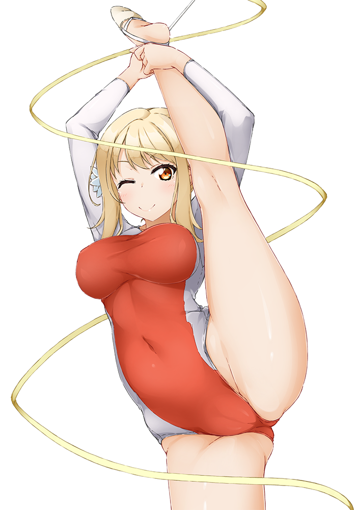 1girl athletic_leotard blonde_hair breasts commission covered_navel cowboy_shot gymnastics hinata_masaki leg_up leotard long_sleeves looking_at_viewer love_live! love_live!_nijigasaki_high_school_idol_club medium_breasts medium_hair miyashita_ai one_eye_closed orange_eyes pixiv_commission red_leotard rhythmic_gymnastics sidelocks solo split standing standing_on_one_leg standing_split