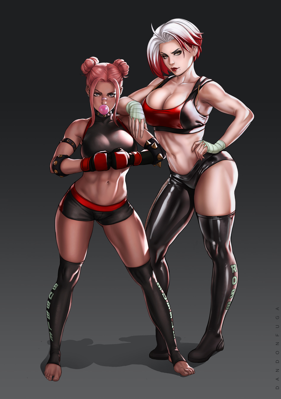 2girls arm_on_shoulder armlet artist_name bandaid bandaid_on_face bandaid_on_nose bare_shoulders black_choker black_footwear black_shorts boots boxing_gloves breasts bubble_(dandon_fuga) bubble_blowing character_name chewing_gum choker cleavage covered_collarbone crop_top dandon_fuga double_bun earrings fishnets gradient_background grey_background grey_eyes hair_bun hand_on_own_hip height_difference highres jewelry large_breasts latex mole mole_under_mouth multicolored_hair multiple_girls navel original pink_hair red_hair red_lips rose_(dandon_fuga) shadow shorts single_leg_pantyhose single_thigh_boot spiked_armlet sports_bra stirrup_legwear thigh_boots toeless_legwear two-tone_hair two-tone_shorts two-tone_sports_bra white_hair wrist_wrap yellow_eyes