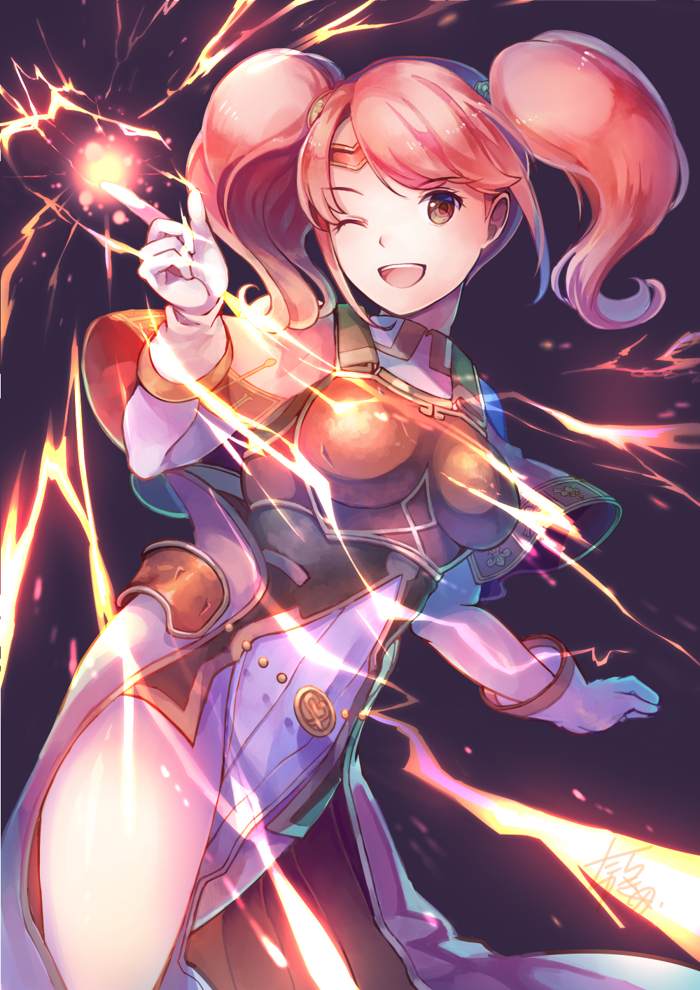 1girl armor black_background boobplate breastplate brown_eyes capelet finger_gun fire_emblem fire_emblem_echoes:_shadows_of_valentia gloves hair_behind_ear head_tilt highres leaning_to_the_side looking_at_viewer mae_(fire_emblem) magic pink_capelet pink_hair purple_skirt skirt smile solo tarayuki white_gloves