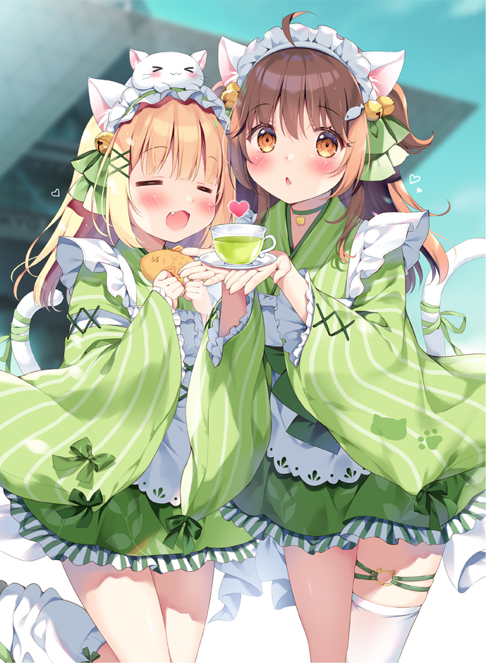 2girls :d ahoge animal_ear_fluff animal_ears animal_on_head apron bell blonde_hair blurry blurry_background blush brown_eyes brown_hair cat cat_ears cat_girl cat_tail choker closed_eyes comiket_101 commentary_request cup depth_of_field facing_viewer fang food frilled_apron frilled_skirt frills green_choker green_kimono green_ribbon green_skirt green_tea hair_bell hair_ornament heart holding holding_food japanese_clothes jingle_bell kemonomimi_mode kimono kokoa-chan_(pan_(mimi)) loose_socks maid maid_apron maid_headdress multiple_girls o-ring obi on_head original pan_(mimi) parted_lips ribbon sash saucer single_thighhigh skirt smile socks tail tail_ornament tail_ribbon taiyaki tea teacup ten-chan_(pan_(mimi)) thighhighs tokyo_big_sight wa_maid wagashi white_apron white_cat white_thighhighs x_hair_ornament