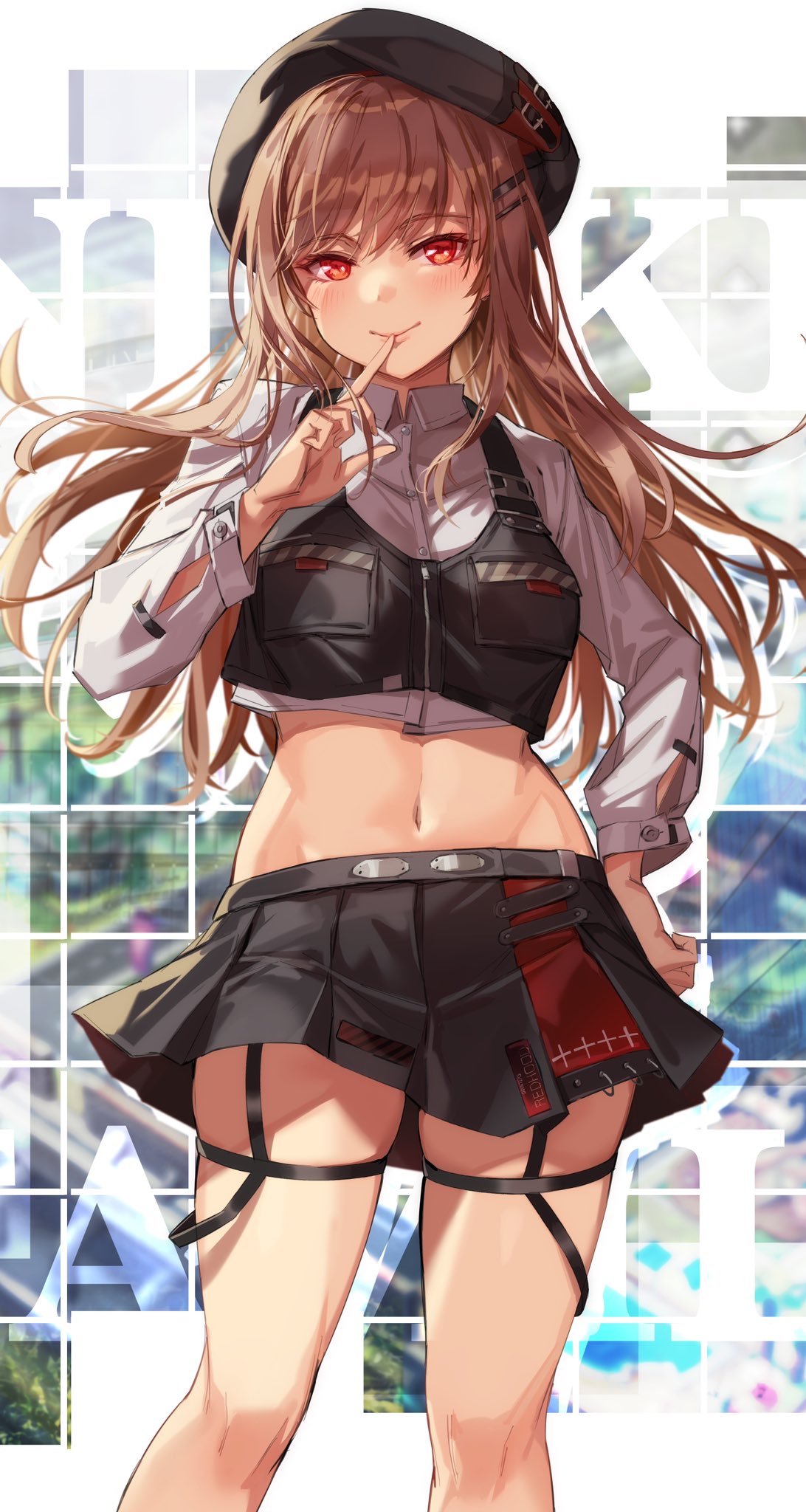 1girl alternate_costume black_headwear blush breasts brown_hair closed_mouth finger_to_mouth goddess_of_victory:_nikke hat highres long_hair long_sleeves michairu navel rapi_(nikke) red_eyes skirt smile solo thighs writing