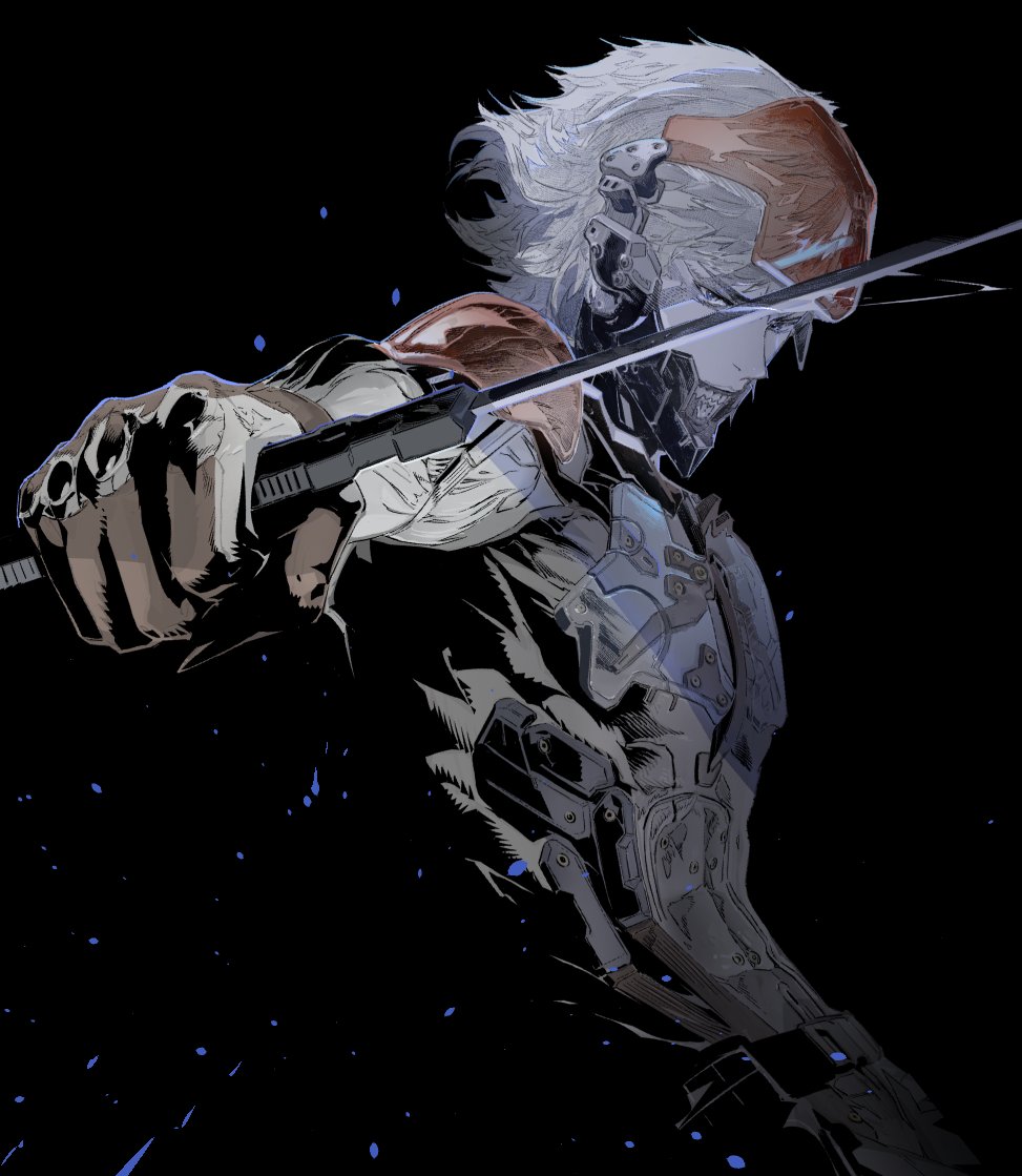 1boy bodysuit clenched_hand cofffee cyborg eyepatch gloves holding holding_sword holding_weapon katana looking_at_viewer male_focus mechanical_parts metal_gear_(series) metal_gear_solid_4:_guns_of_the_patriots raiden_(metal_gear) science_fiction short_hair simple_background solo sword weapon white_hair