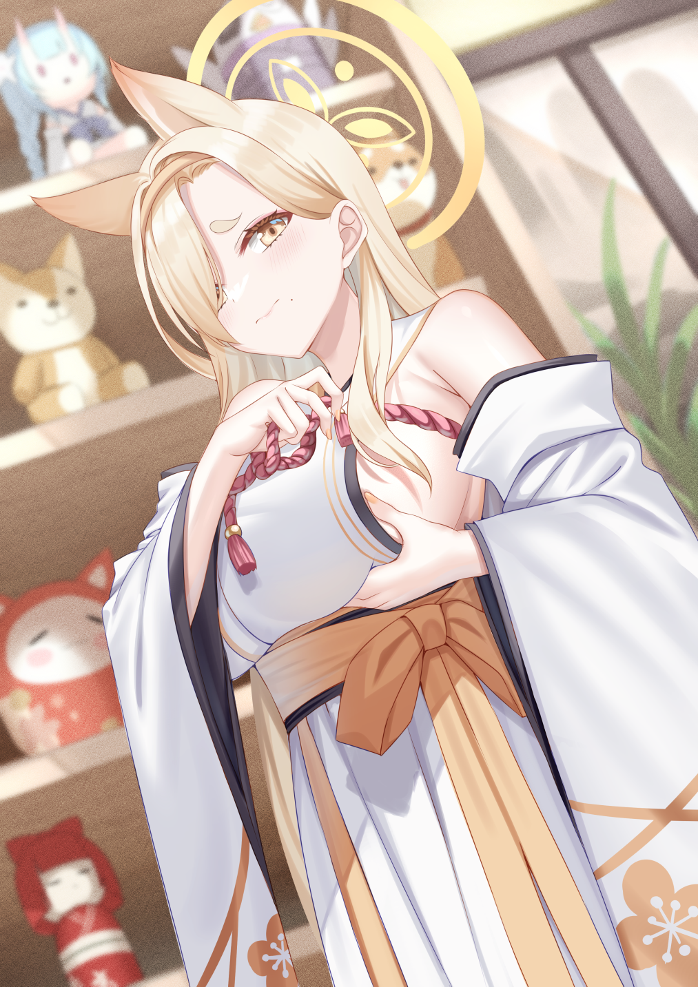 1girl animal_ears asymmetrical_bangs bare_shoulders blonde_hair blue_archive blush breasts detached_sleeves extra_ears eyeliner fox_ears hair_over_one_eye hairband halo highres japanese_clothes kaho_(blue_archive) kanikou kimono large_breasts long_hair long_skirt looking_at_viewer low-tied_long_hair makeup pleated_skirt red_rope rope sash shelf short_eyebrows sideboob skirt sleeveless sleeveless_kimono solo stuffed_toy tassel thick_eyebrows very_long_hair white_kimono white_skirt wide_sleeves yellow_eyes
