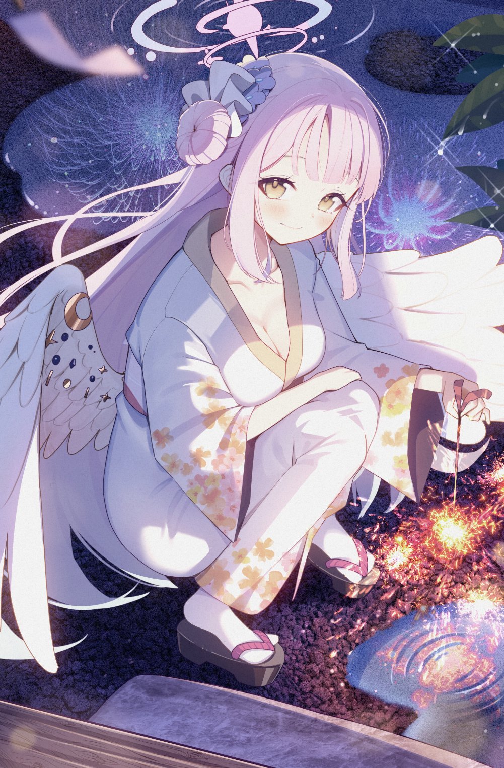 1girl alternate_costume angel_wings blue_archive blush chestnut_mouth cluseller doughnut_hair_bun feathered_wings film_grain fireworks floral_print floral_print_kimono flower geta hair_bun hair_flower hair_ornament halo highres holding_fireworks japanese_clothes kimono long_hair looking_at_viewer low_wings mika_(blue_archive) pink_hair pink_halo print_kimono senkou_hanabi side_up_bun single_side_bun smile solo sparkler squatting very_long_hair white_wings wings yellow_eyes yukata