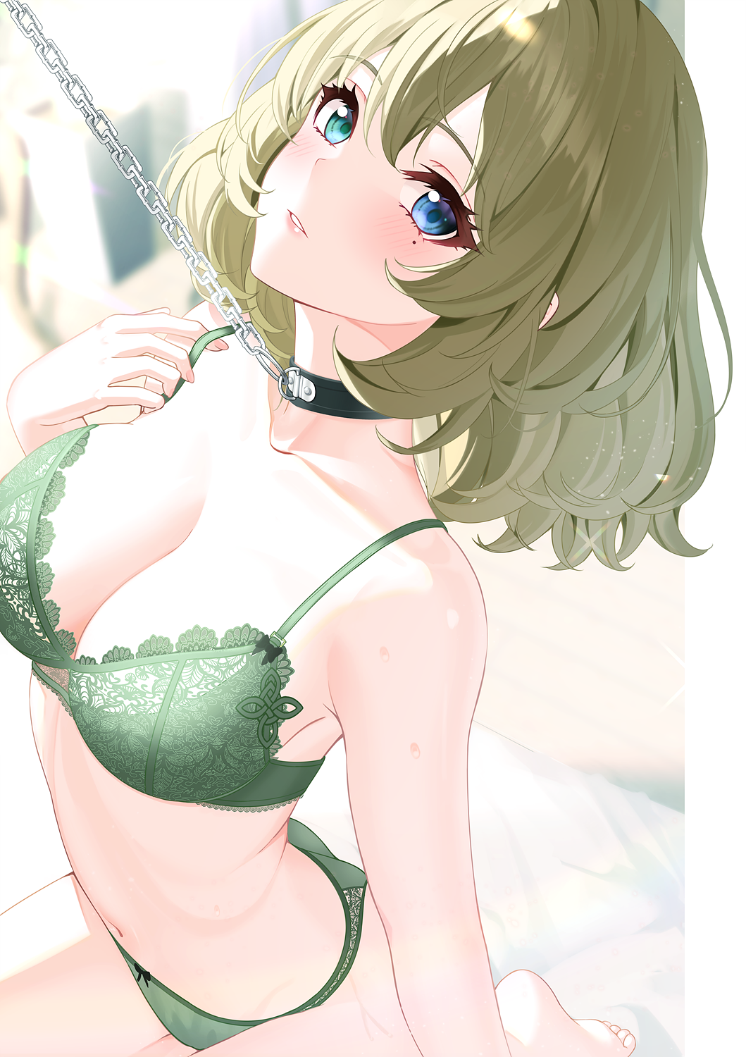 1girl bare_shoulders black_choker blurry blurry_background blush bob_cut bra breasts cardigan_partially_removed chain chain_leash choker cleavage collarbone commentary_request embroidered_bra green_bra green_eyes green_panties heterochromia highres idolmaster idolmaster_cinderella_girls leash looking_at_viewer medium_breasts mole mole_under_eye navel panties soles solo stomach sutoroa takagaki_kaede toes underwear underwear_only