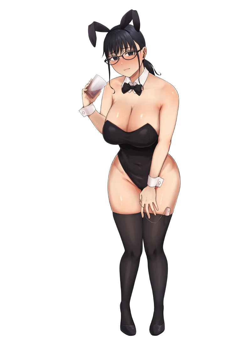 1girl a_mezashi animal_ears black_eyes black_hair blush bow bowtie breasts cleavage cup detached_collar glasses large_breasts original playboy_bunny rabbit_ears sex_toy solo thighhighs thighs vibrator vibrator_in_thighhighs wide_hips wrist_cuffs