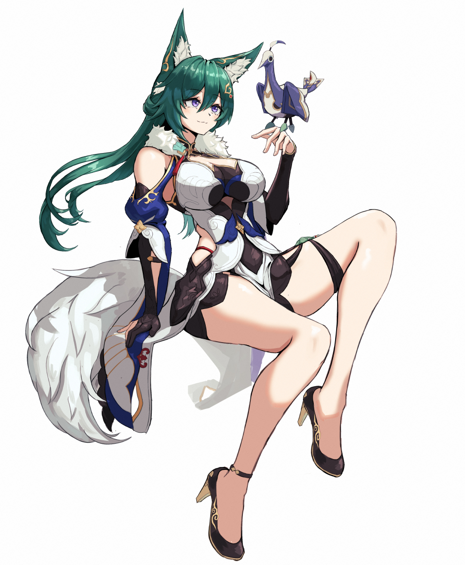 1girl animal_ear_fluff animal_ears bare_legs bird bird_on_hand black_footwear breasts cleavage commentary_request dress fox_ears fox_tail green_hair high_heels honkai:_star_rail honkai_(series) invisible_chair large_breasts large_tail long_hair moppo purple_eyes simple_background sitting solo tail thighs very_long_hair white_background yukong_(honkai:_star_rail)