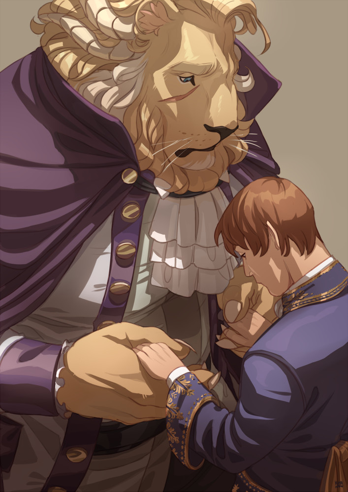 2boys animal_ears ascot bara beard beauty_and_the_beast commission european_clothes facial_hair feet_out_of_frame furry furry_with_non-furry holding_hands interspecies kumanaru large_hands large_pectorals lion_boy lion_ears long_beard looking_at_another male_focus multiple_boys muscular muscular_male original pectorals prince scar scar_on_cheek scar_on_face short_hair size_difference white_ascot yaoi yellow_fur