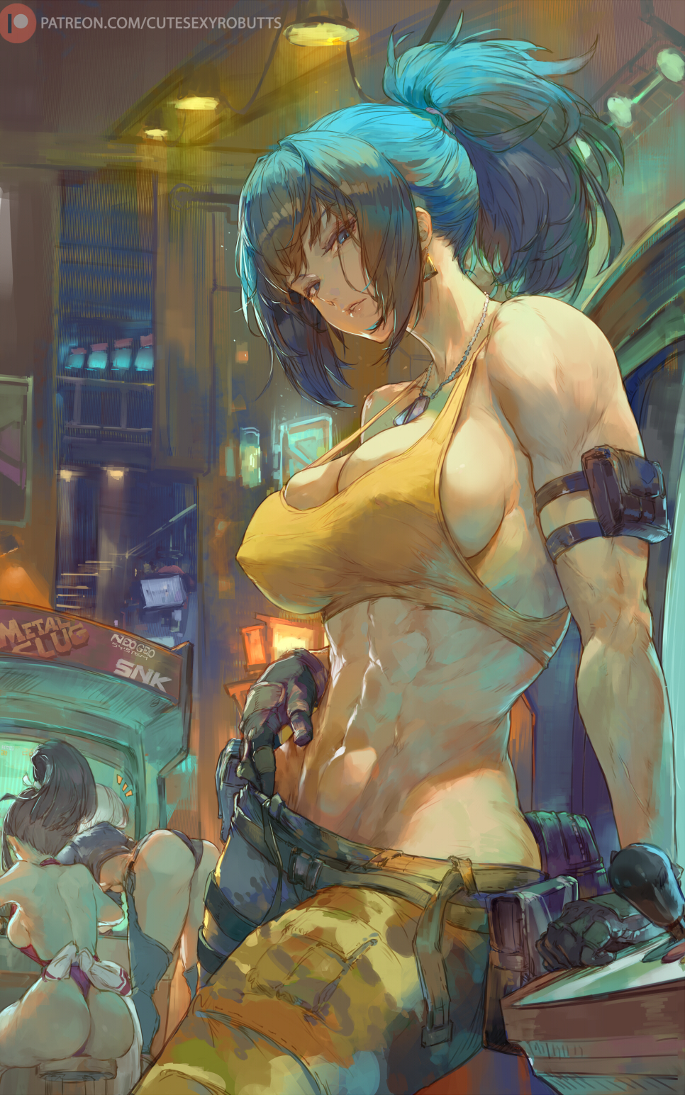 3girls abs angel_(kof) ass bare_shoulders blue_hair breasts camouflage camouflage_pants chaps cleavage cutesexyrobutts gloves green_pants highres jewelry leona_heidern midriff multiple_girls muscular muscular_female navel necklace pants ponytail revealing_clothes shiranui_mai sideboob sidelocks snk solo_focus sports_bra tank_top the_king_of_fighters toned white_hair yellow_sports_bra