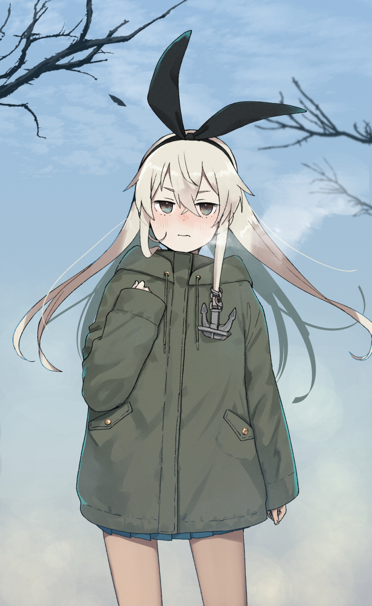 1girl annin_musou blonde_hair blush brown_eyes closed_mouth hair_between_eyes highres kantai_collection long_hair looking_at_viewer shimakaze_(kancolle) solo straight-on