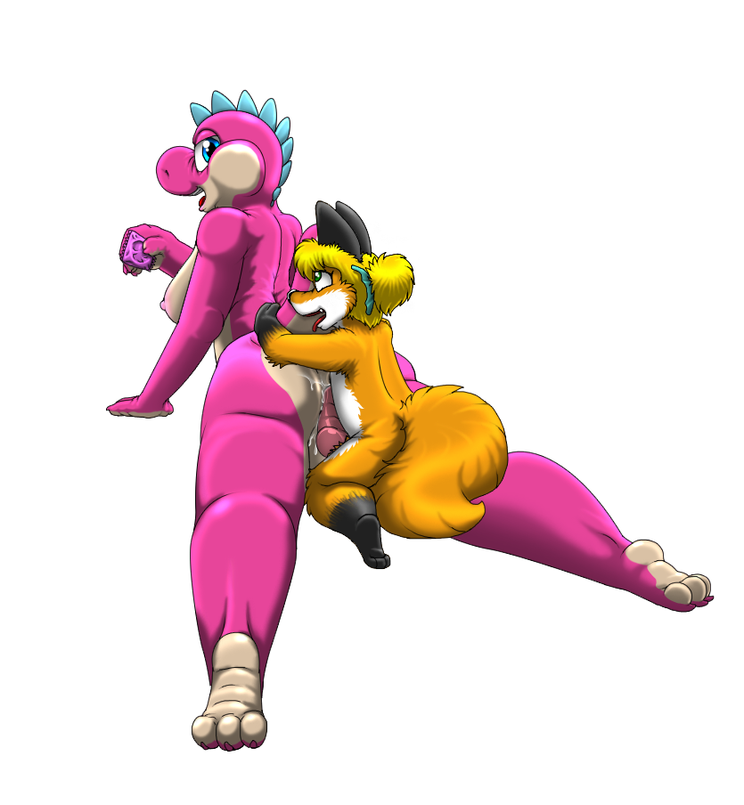 anthro blue_eyes bodily_fluids breasts canid canine condom cum duo female fox fur genital_fluids green_eyes kit_(kitsune_youkai) kitsune_youkai male male/female mammal mario_bros multicolored_body nintendo nipples orange_body orange_fur pink_body sexual_barrier_device simple_background tan_body twilight_stormshi_(character) two_tone_body white_background yoshi