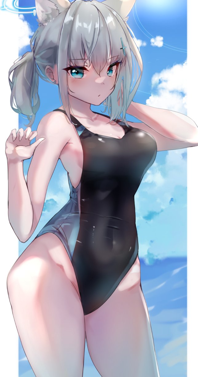 1girl animal_ear_fluff animal_ears black_one-piece_swimsuit blue_archive blue_eyes blue_sky breasts cloud competition_swimsuit covered_navel cowboy_shot cross_hair_ornament extra_ears grey_hair hair_ornament halo highres looking_at_viewer low_ponytail medium_breasts medium_hair mismatched_pupils multicolored_clothes multicolored_swimsuit official_alternate_costume one-piece_swimsuit racket_ti1 shiroko_(blue_archive) shiroko_(swimsuit)_(blue_archive) sky solo standing swimsuit water wolf_ears
