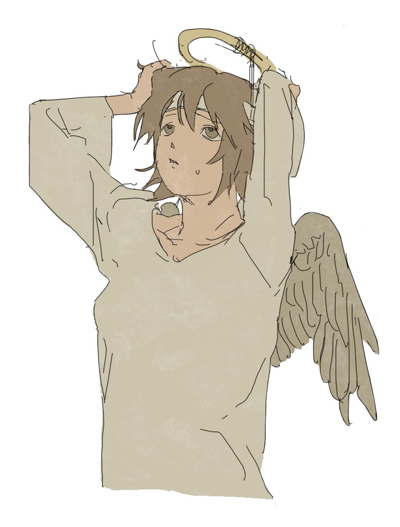 1girl angel_wings arms_up brown_eyes brown_hair brown_shirt commentary_request cropped_torso fake_halo furrowed_brow haibane_renmei halo hands_on_own_head headband long_sleeves looking_up nervous parted_lips raised_eyebrows rakka_(haibane) shirt simple_background solo sweatdrop tareme tunamayo_aku white_background white_headband wings