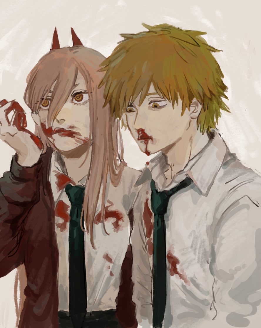 1boy 1girl black_necktie black_pants blonde_hair blood blood_on_clothes blood_on_face blood_on_hands brown_hair chainsaw_man collared_shirt cross-shaped_pupils denji_(chainsaw_man) excessive_nosebleed hair_between_eyes horns long_hair looking_to_the_side necktie nosebleed off_shoulder pants power_(chainsaw_man) pt_sasa12 red_horns shirt shirt_tucked_in short_hair simple_background symbol-shaped_pupils white_background white_shirt wiping_blood yellow_eyes