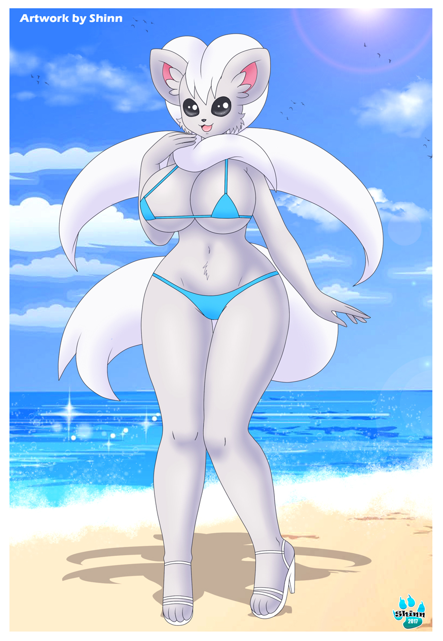 5_fingers anthro beach big_breasts bikini breasts cinccino clothing detailed_background female fingers footwear fur generation_5_pokemon grey_body grey_eyes grey_fur hi_res high_heeled_sandals high_heels multicolored_body multicolored_fur navel nintendo open_mouth pokemon pokemon_(species) sandals seaside shinn signature solo standing swimwear two_tone_body two_tone_fur white_body white_fur wide_hips