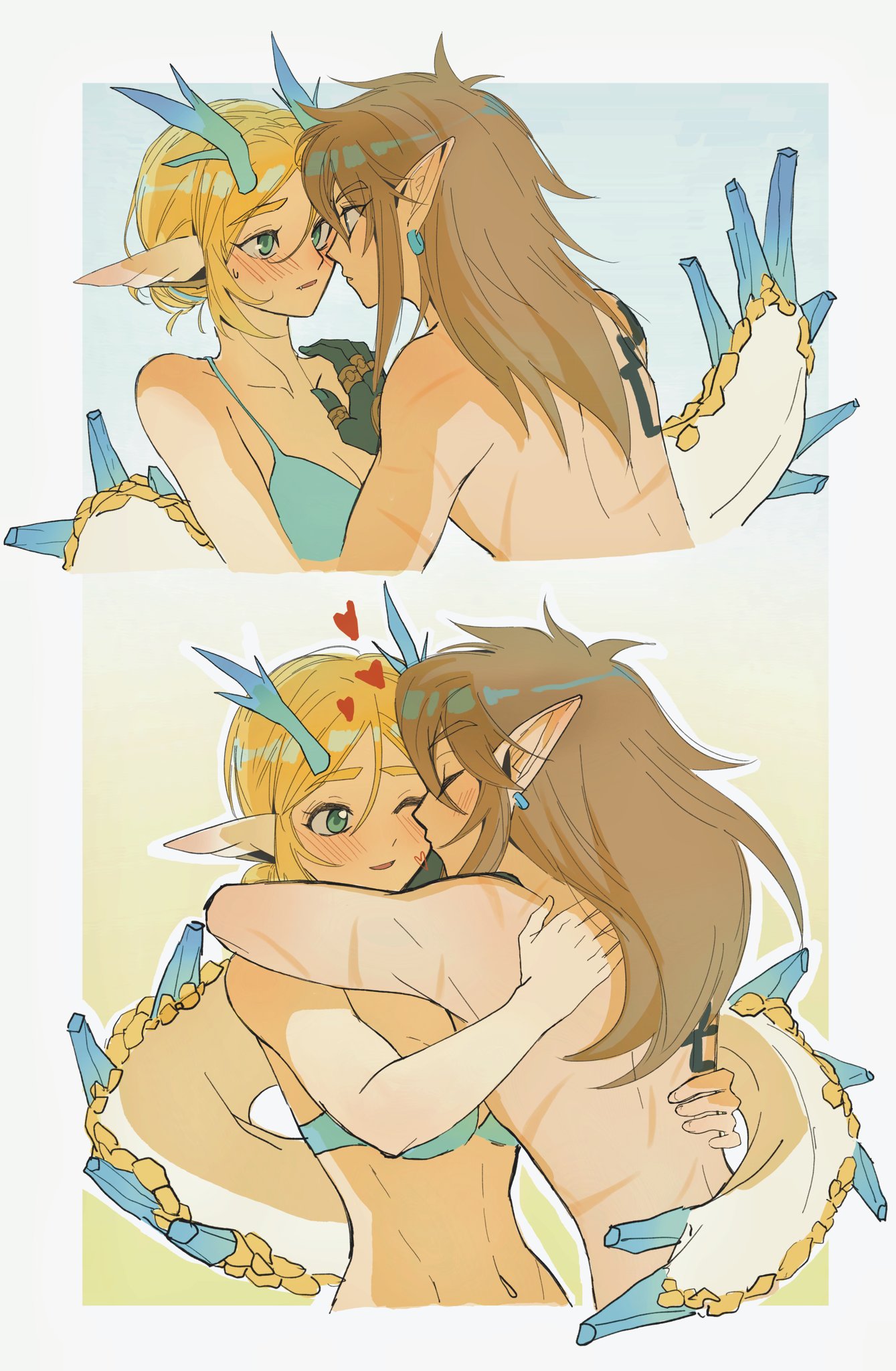 1boy 1girl antlers bare_shoulders blonde_hair blue_bra blush bra breasts brown_hair cleavage couple dragon_tail earrings eye_contact green_eyes hair_between_eyes hand_on_another's_shoulder heart highres hug jewelry kiss kissing_cheek link long_hair looking_at_another medium_breasts midriff navel one_eye_closed outline parted_bangs parted_lips pointy_ears princess_zelda profile short_hair shoulder_tattoo shuo_yue sidelocks spoilers sweatdrop tail tattoo the_legend_of_zelda the_legend_of_zelda:_tears_of_the_kingdom topless_male underwear upper_body white_outline