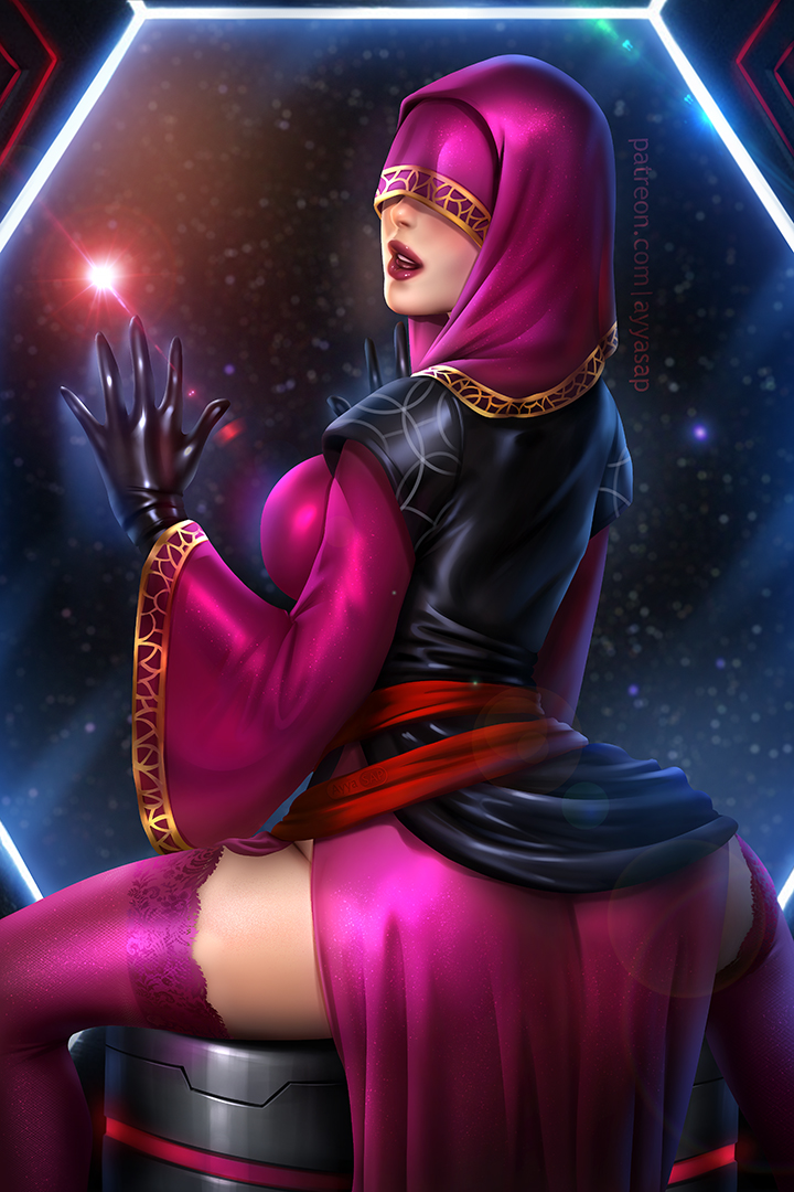 artist_name ass ayya_sap black_gloves breasts covered_eyes gloves jedi looking_at_viewer paid_reward_available pinup_(style) robe sith sitting space star_wars star_wars:_knights_of_the_old_republic thighhighs thighs visas_marr