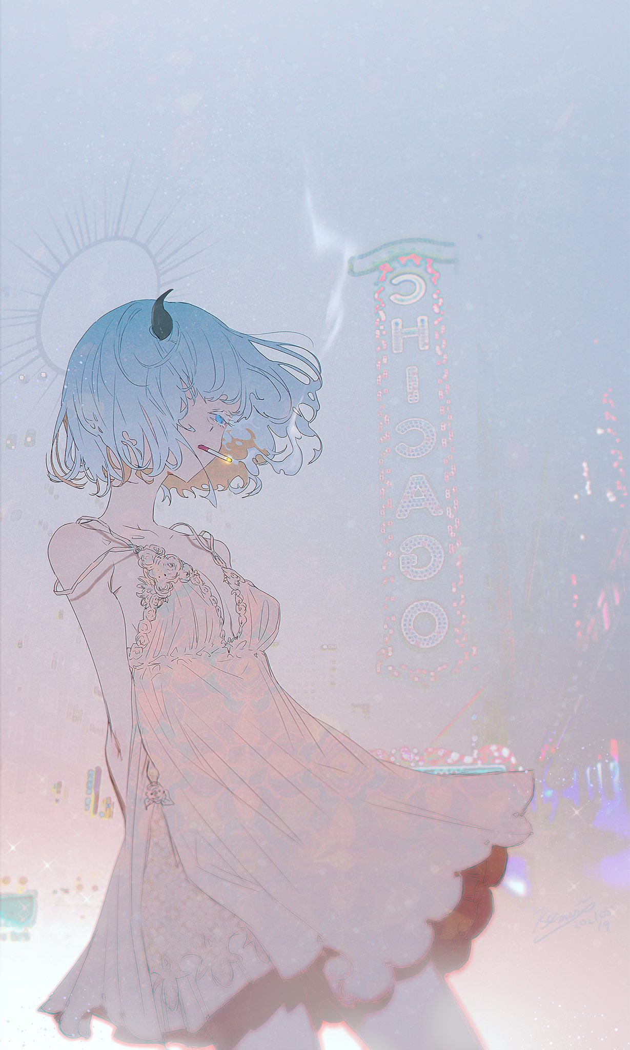 1girl arms_behind_back bare_shoulders blue_eyes blue_hair bob_cut breasts building chromatic_aberration cigarette city city_lights collarbone cowboy_shot dress floating_hair fog from_below from_side hair_over_one_eye halo highres horns lips looking_away moon mouth_hold nanase_miri night night_sky nightgown original outdoors photo_background pink_dress profile short_hair single_horn sky sleeveless sleeveless_dress small_breasts smoke smoking solo spaghetti_strap standing strap_slip white_background