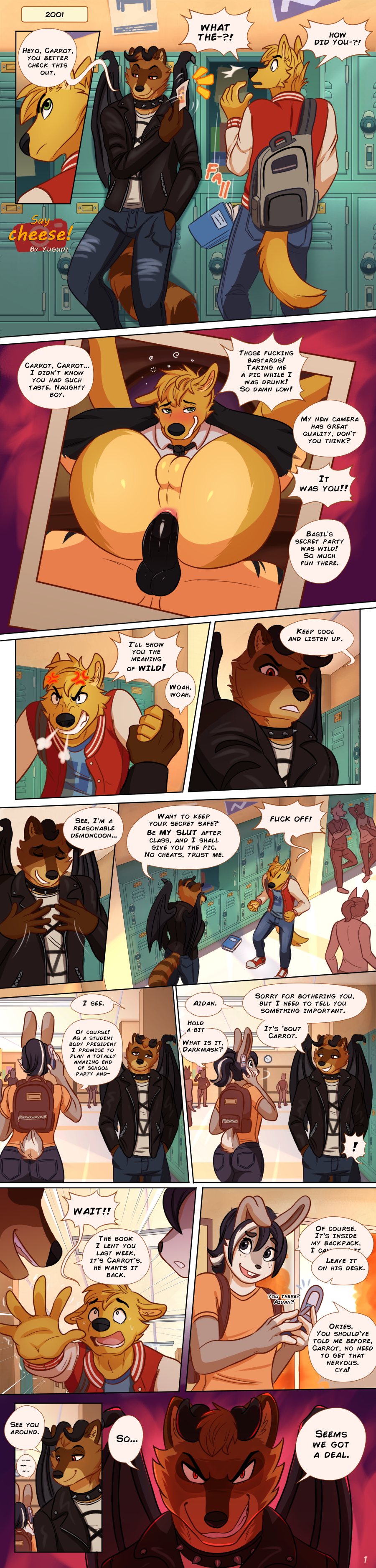absurd_res anal angry anthro canid canine canis clothing comic demon domestic_dog duo forced hi_res long_image male male/male mammal procyonid raccoon school tall_image university wolf yuguni