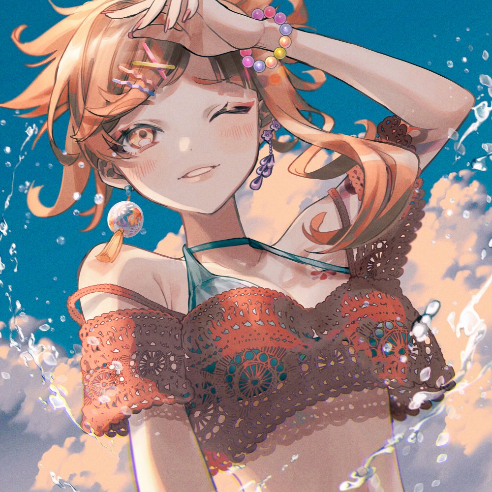 1girl bead_bracelet beads bikini blue_bikini blue_sky bracelet breasts cloud day earrings genshin_impact hair_ornament hairclip jewelry light_brown_hair medium_breasts one_eye_closed orange_eyes parted_lips pink_nails sky solo swimsuit tamaya_yoi upper_body water yoimiya_(genshin_impact)