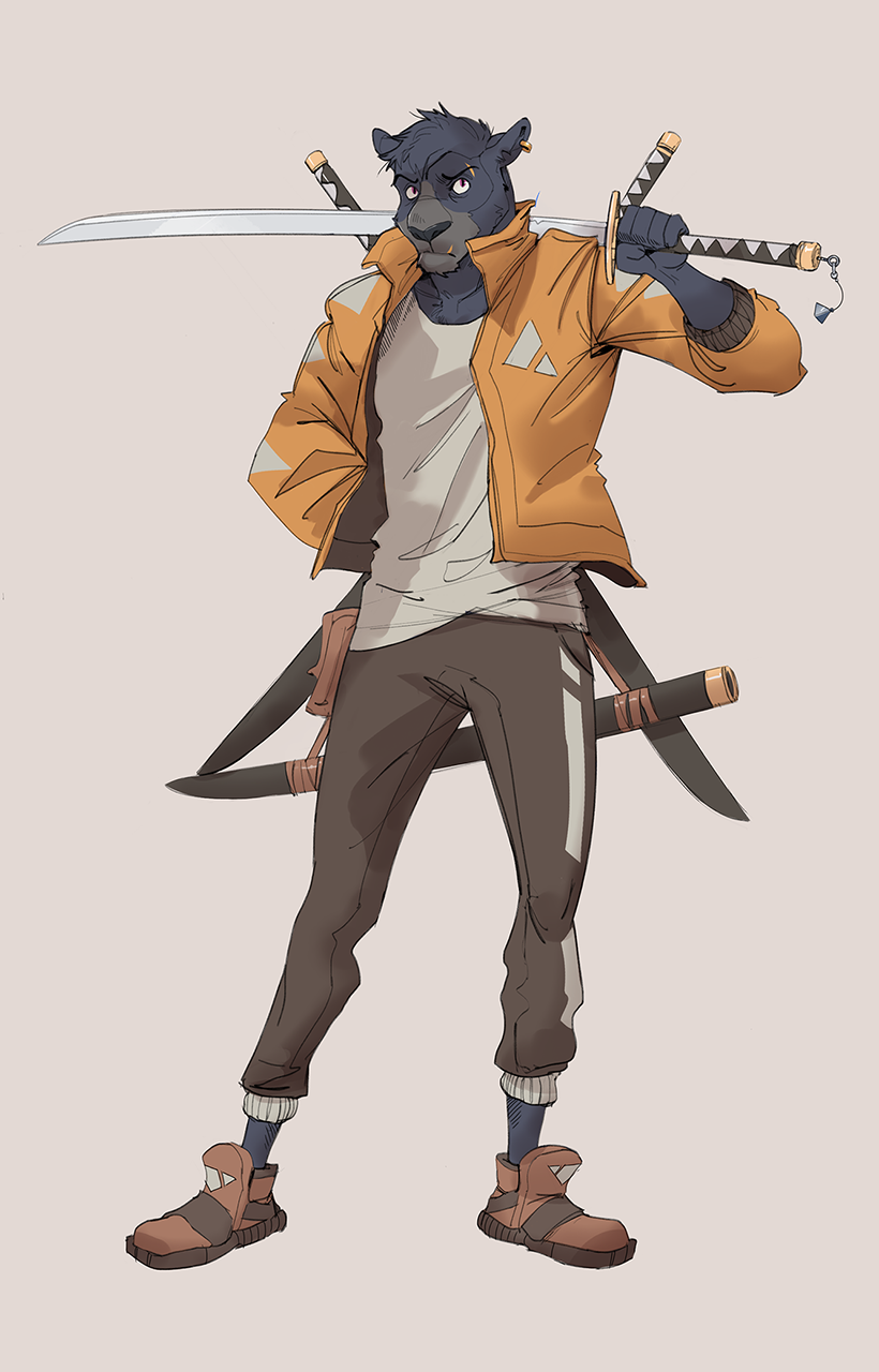 anthro arcticlion clothed clothing ear_piercing felid footwear hi_res jacket katana looking_at_viewer male mammal melee_weapon pantherine piercing shoes simple_background sneakers solo sword topwear weapon yellow_clothing yellow_jacket_(clothing) yellow_topwear