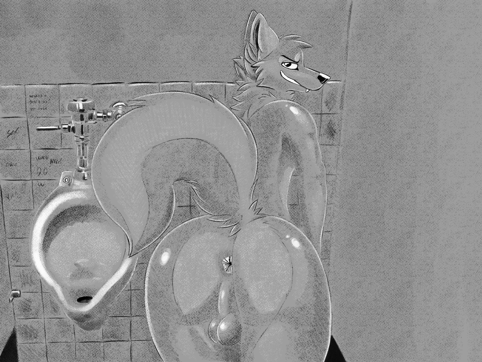 4:3 anthro anus balls bathroom butt canid canine canis dodgethehusky genitals looking_at_viewer looking_back male mammal monochrome naughty_face perineum presenting presenting_anus presenting_hindquarters raised_tail solo solo_focus tail urinal wolf