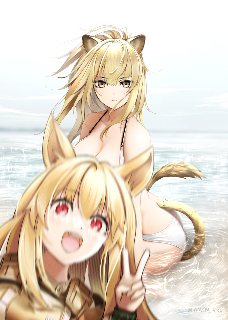 2girls alternate_costume animal_ears arknights beach bikini breasts brown_eyes brown_hair ceobe_(arknights) cleavage collarbone commentary_request dog_ears dog_girl large_breasts lion_ears lion_girl lion_tail long_hair looking_at_viewer motion_blur multiple_girls ocean open_mouth outdoors photobomb red_eyes siege_(arknights) smile swimsuit tail v water white_bikini yokaze_(yokajie)