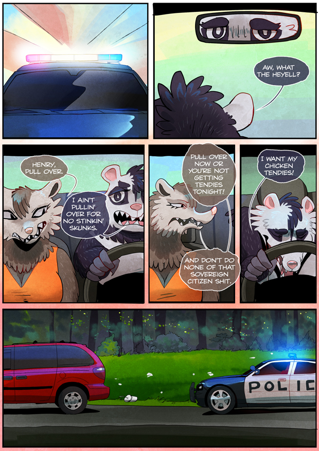 american_opossum anthro black_body brown_body brown_eyes car comic dialogue driving duo english_text female grimart inside_car looking_at_another male mammal marsupial mirror open_mouth text vehicle white_body