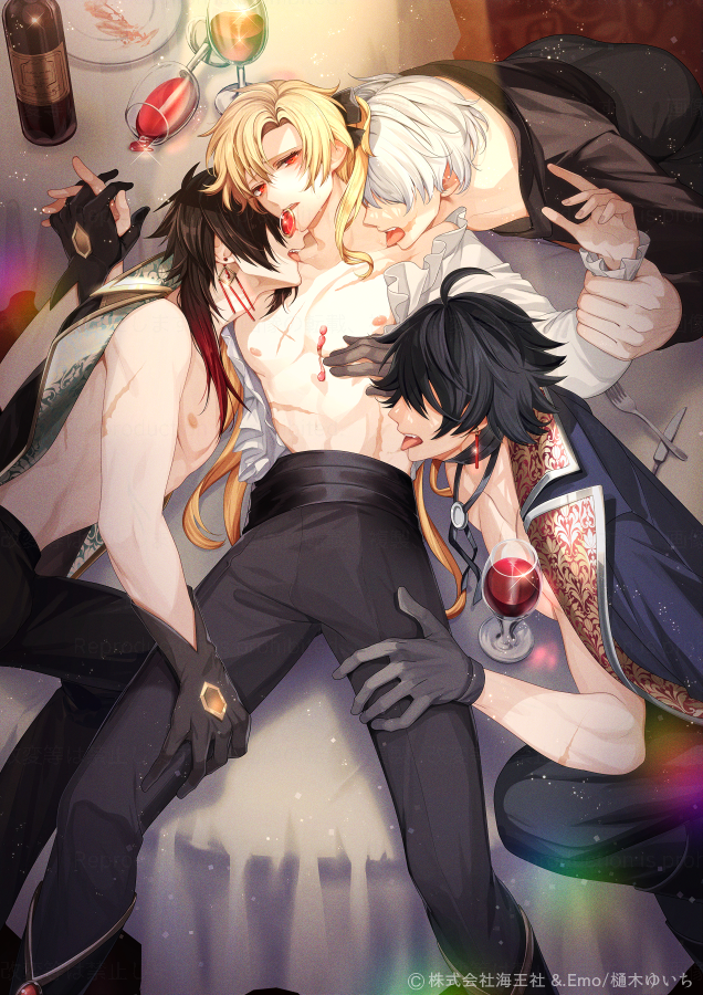 3boys alcohol black_hair blonde_hair brown_hair character_request colored_tips earrings frilled_shirt frills gem hair_over_eyes high_ponytail hikiyit holding_hands_is_lewd interlocked_fingers jewelry lens_flare licking_another's_neck light_particles light_rays looking_at_viewer lying male_harem multicolored_hair multiple_boys nipples open_clothes orange_hair oujitachi_no_insan red_eyes red_gemstone shirt short_hair tongue tongue_out wine yellow_gemstone