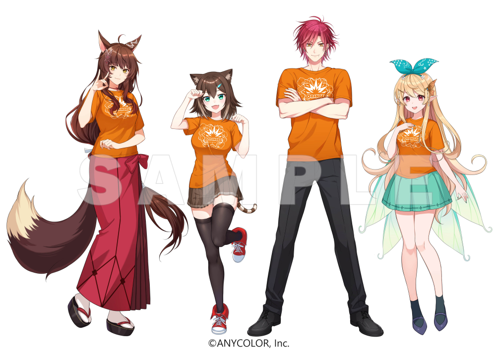 1boy 3girls ahoge animal_ears aqua_eyes black_footwear black_pants black_socks black_thighhighs blonde_hair blue_bow bow brown_hair brown_skirt cat_ears cat_tail crossed_arms fox_ears fox_shadow_puppet fox_tail full_body fumi_(nijisanji) fumino_tamaki green_skirt ha_yun hair_bow hand_on_own_chest long_hair long_skirt low-tied_long_hair meij_(meij00) multiple_girls nijisanji nijisanji_en nijisanji_kr official_art okobo orange_shirt pants pleated_skirt pomu_rainpuff red_eyes red_hair red_skirt sample_watermark shirt simple_background skirt socks t-shirt tail thighhighs very_long_hair watermark white_background yellow_eyes