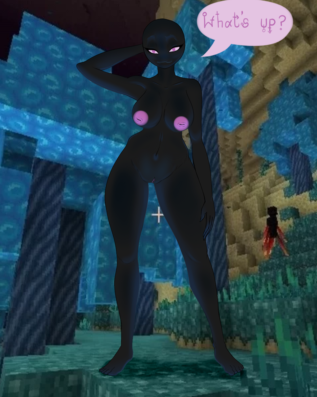 big_breasts black_body blackbetty breasts enderman female genitals hi_res humanoid looking_at_viewer microsoft minecraft mojang nipples not_furry purple_eyes pussy smile solo tall_female text xbox_game_studios