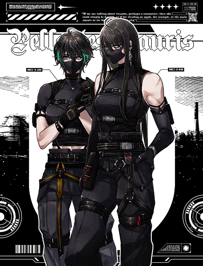 2girls belt black_belt black_gloves black_hair black_pants black_tank_top breasts cargo_pants chest_belt earrings gloves grey_eyes hair_between_eyes jewelry long_hair loose_pants makeup mamaloni mask mouth_mask multicolored_hair multiple_belts multiple_girls pants path_to_nowhere rahu_(path_to_nowhere) scar short_sleeves sleeveless streaked_hair tank_top white_eyes