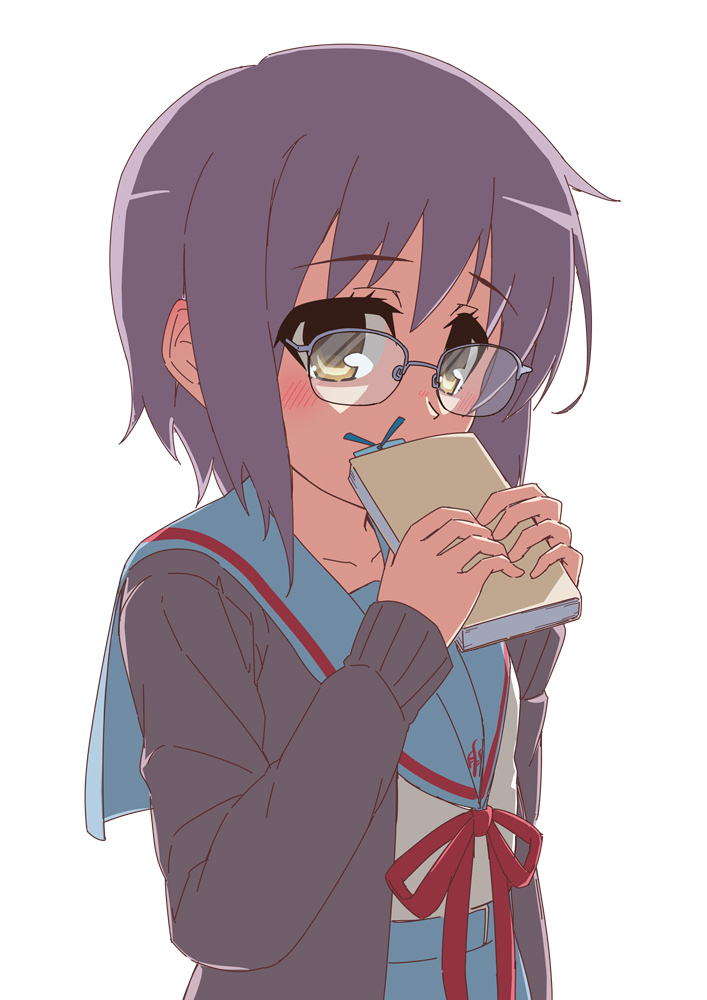 1girl blue_sailor_collar blue_skirt blush book bookmark brown_cardigan brown_eyes cardigan commentary_request glasses holding holding_book kita_high_school_uniform long_sleeves looking_at_viewer nagato_yuki nagato_yuki-chan_no_shoushitsu neko_no_sora purple_hair red_ribbon ribbon sailor_collar school_uniform serafuku short_hair sidelocks simple_background skirt solo suzumiya_haruhi_no_shoushitsu suzumiya_haruhi_no_yuuutsu white_background winter_uniform