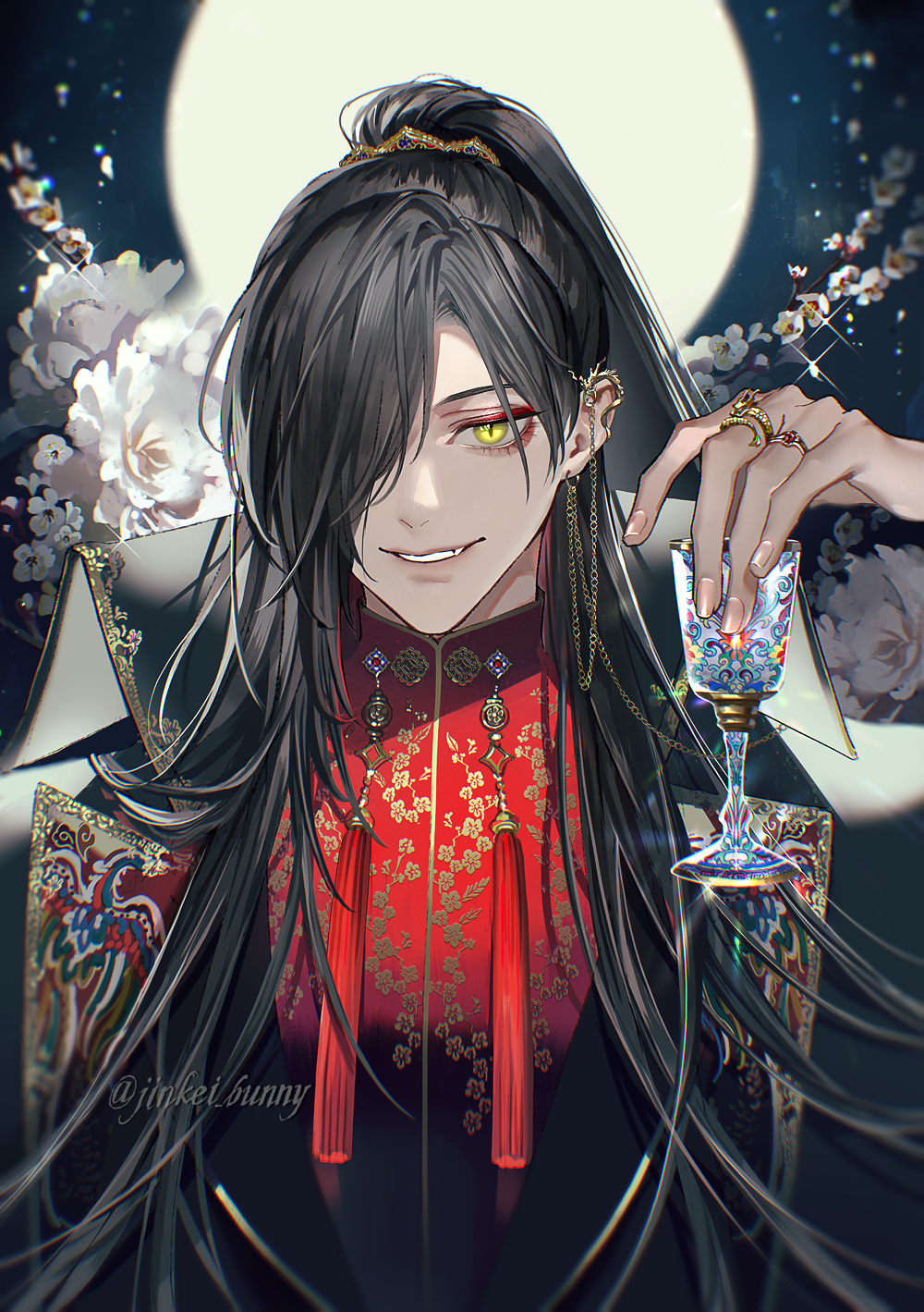 1boy black_hair black_jacket chalice cup flower full_moon glint grin hair_over_one_eye high_ponytail highres holding holding_cup jacket jewelry koshika_rina long_hair long_sleeves looking_at_viewer male_focus moon multiple_rings one_eye_covered open_clothes open_jacket open_mouth original red_shirt ring shirt sidelocks slit_pupils smile solo straight-on tassel teeth upper_body very_long_hair watermark white_flower yellow_eyes