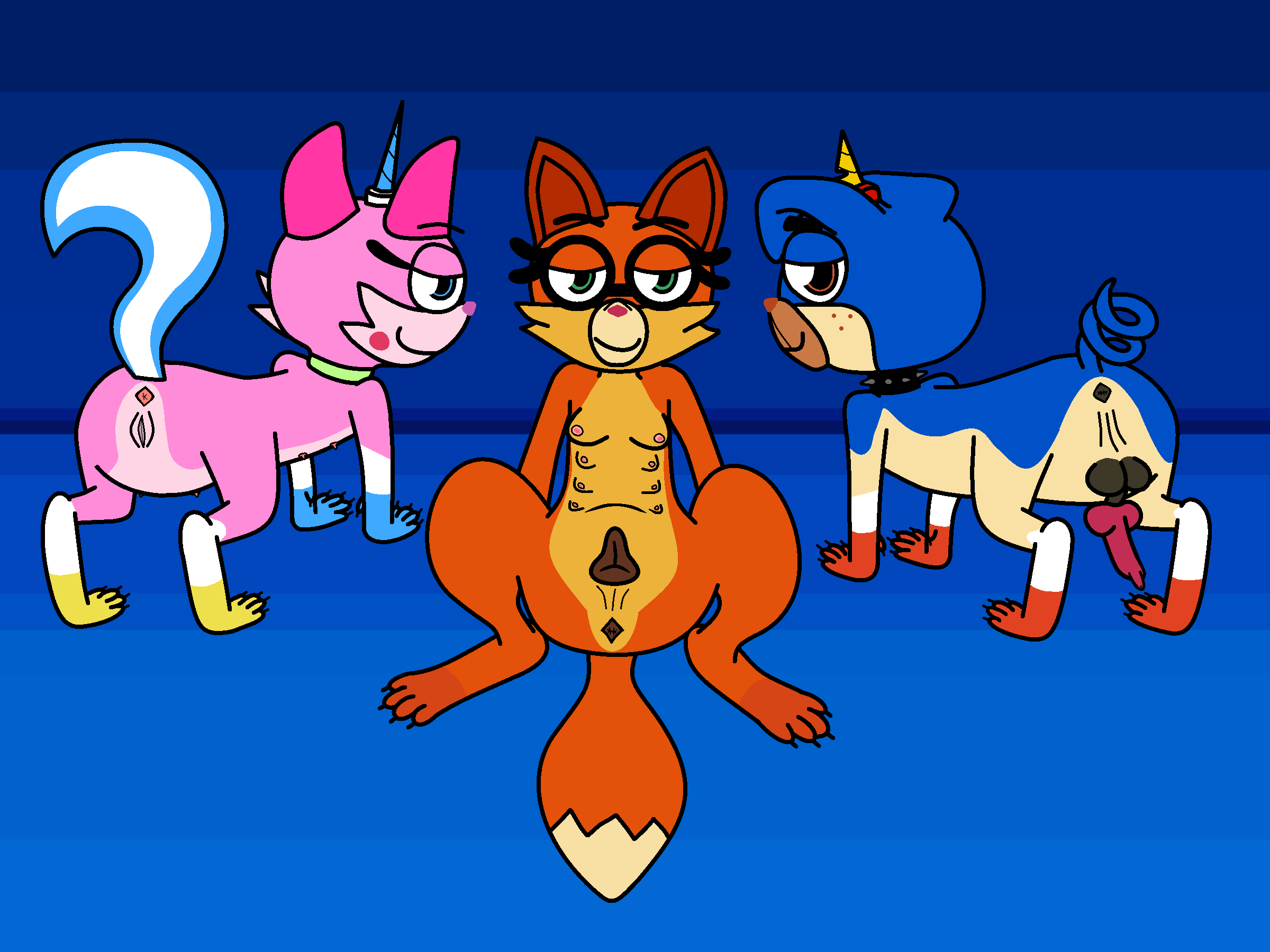 anatomically_correct anatomically_correct_genitalia anatomically_correct_penis anatomically_correct_pussy animal_genitalia animal_penis animal_pussy anonymous_artist anthro anus balls black_anus black_balls black_pussy blue_background blue_body blue_fur brown_eyes butt canid canine canine_genitalia canine_penis canine_pussy canis claws collar curled_tail domestic_cat domestic_dog dr._fox eyebrows eyelashes eyewear felid feline feline_genitalia feline_pussy felis female feral fox fur genitals glasses green_eyes group hi_res horn knot looking_at_viewer looking_back male mammal multi_nipple nipples orange_body orange_fur paws penis perineum pink_anus pink_body pink_fur presenting presenting_anus presenting_hindquarters presenting_penis presenting_pussy puppycorn pussy quadruped raised_tail simple_background sitting smile smiling_at_viewer tail take_your_pick teats the_lego_movie trio unikitty