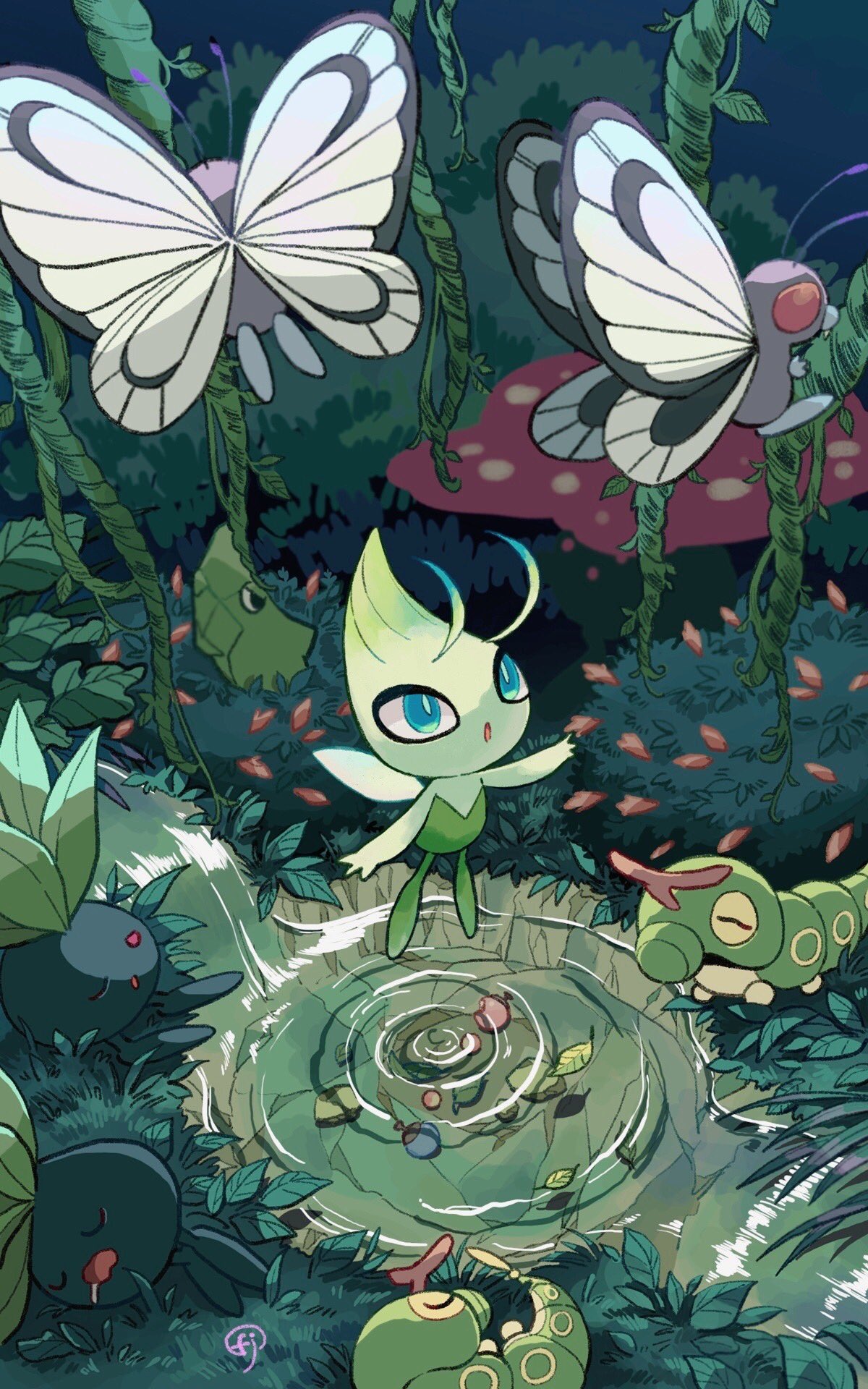 :o ;o antennae artist_name blue_eyes bush butterfree caterpie celebi chikafuji closed_eyes commentary_request drooling fangs flower flying food fruit grass highres leaf leaf_on_liquid looking_up lying metapod night no_humans oddish on_grass on_side one_eye_closed open_mouth outdoors plant pokemon pokemon_(creature) red_eyes rock sleeping stream u_u vines water waterfall wings