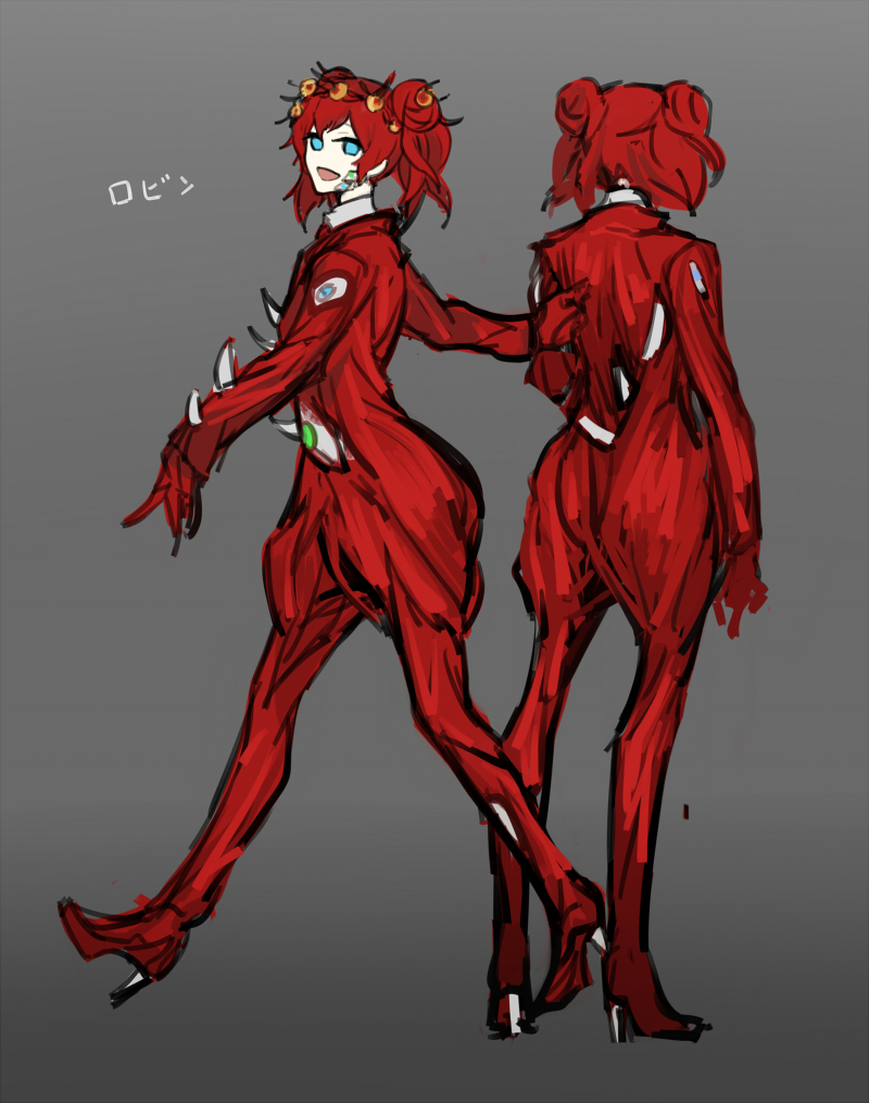 1girl blood blue_eyes bodysuit boots e.g.o_(project_moon) employee_(lobotomy_corporation) extra_eyes flesh full_body green_eyes grey_background high_heel_boots high_heels horns lobotomy_corporation long_hair looking_at_viewer multiple_views nishikujic open_mouth project_moon red_bodysuit red_hair simple_background smile twintails