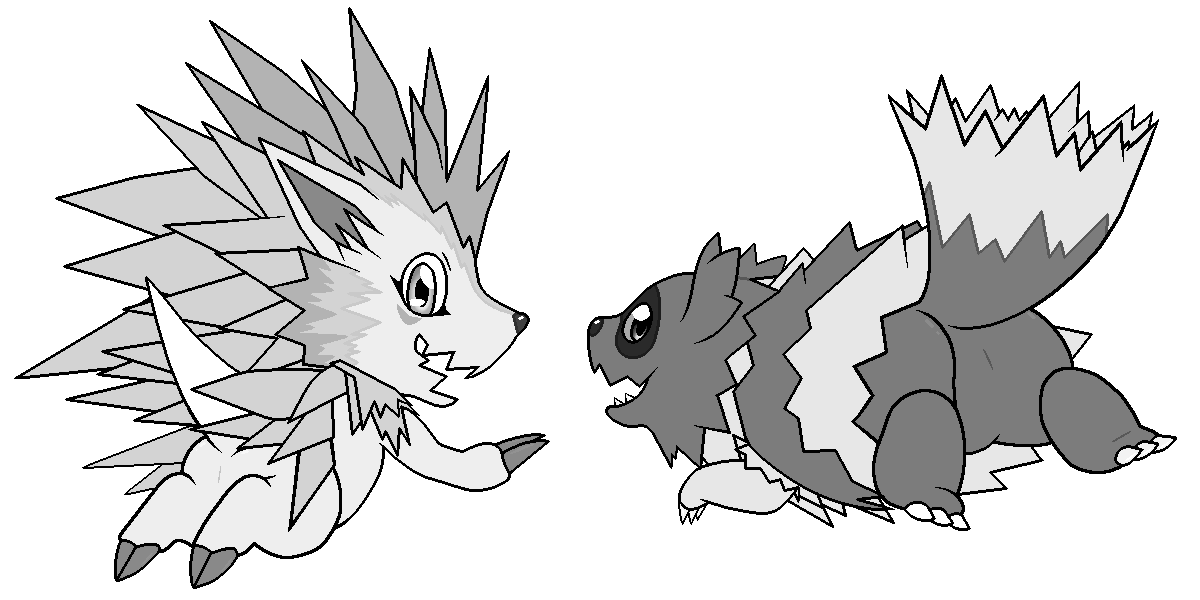 anthro bandai_namco butt claws crossover digimon duo feral generation_3_pokemon herissmon looking_at_viewer looking_back nintendo pinnipip pokemon pokemon_(species) presenting presenting_hindquarters smile spikes spiky_fur zigzagoon
