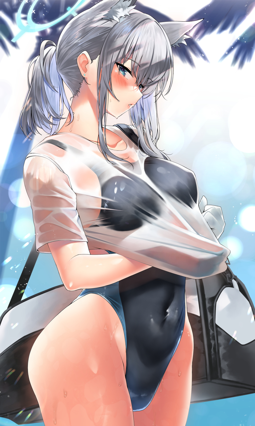 1girl animal_ear_fluff animal_ears blue_archive blue_eyes blue_one-piece_swimsuit blush breasts collarbone competition_swimsuit extra_ears grey_hair halo highleg highleg_swimsuit highres kawai_(purplrpouni) looking_at_viewer medium_breasts medium_hair multicolored_clothes multicolored_swimsuit official_alternate_costume one-piece_swimsuit open_mouth see-through shiroko_(blue_archive) shiroko_(swimsuit)_(blue_archive) shirt short_ponytail short_sleeves sidelocks solo standing swimsuit thighs variant_set wet wet_clothes wet_shirt white_shirt wolf_ears