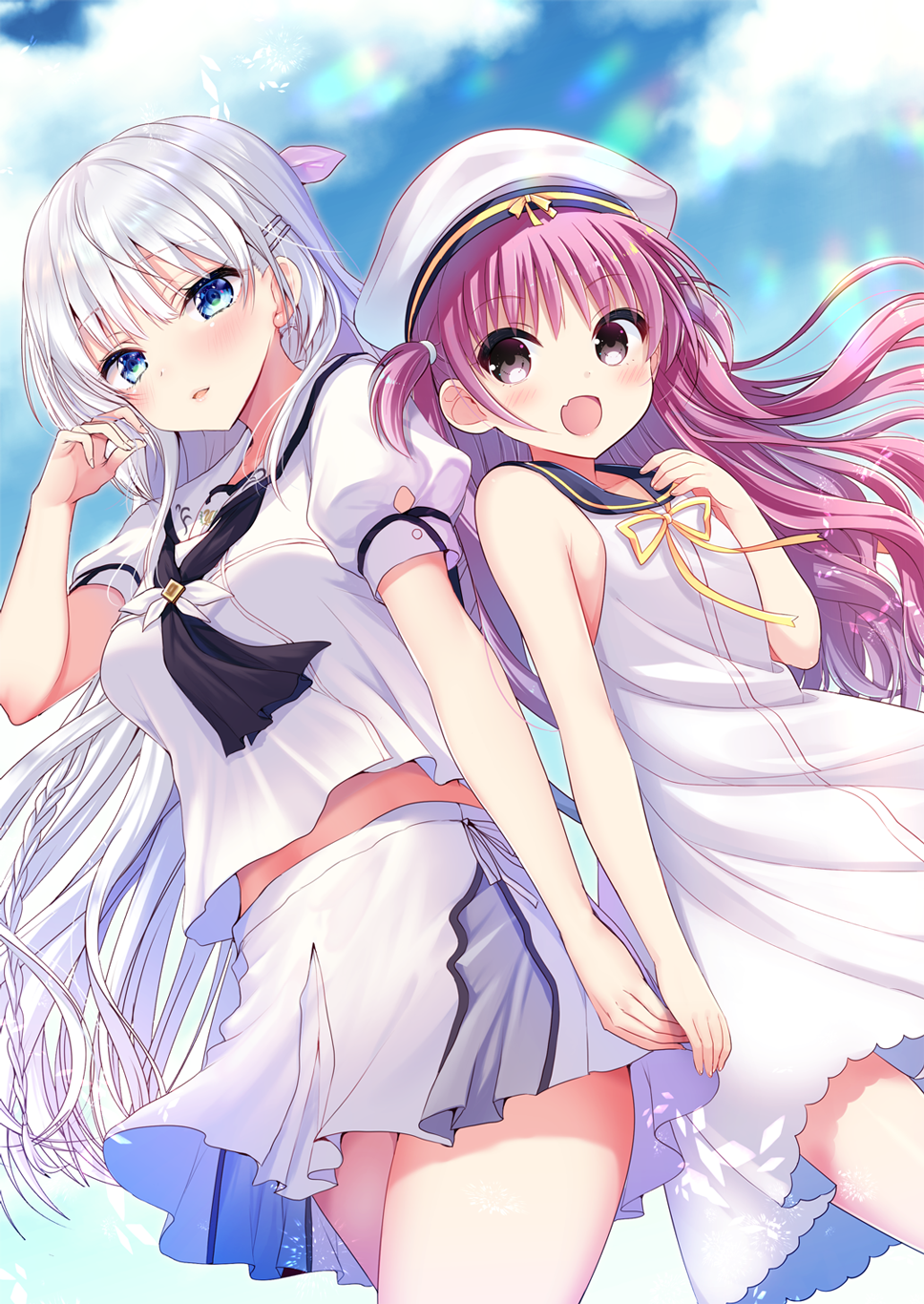 2girls :d ayuma_sayu bare_arms bare_shoulders beret black_ribbon blue_eyes blue_sailor_collar blue_sky blurry blurry_background blush breasts brown_eyes cloud cloudy_sky collaboration commentary_request cover cover_page cowboy_shot day depth_of_field doujin_cover dress dutch_angle fang floating_hair hair_between_eyes hair_ornament hairclip hano_haruka hat highres holding_hands katou_umi long_hair medium_breasts multiple_girls naruse_shiroha neck_ribbon open_mouth outdoors pink_hair pleated_skirt puffy_short_sleeves puffy_sleeves ribbon sailor_collar sailor_dress shirt short_sleeves side-by-side skin_fang skirt sky sleeveless sleeveless_dress small_breasts smile standing summer_pockets two_side_up very_long_hair white_dress white_hair white_headwear white_shirt white_skirt yellow_ribbon