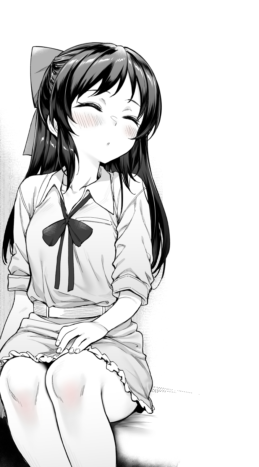 1girl blush bow collared_dress dress feet_out_of_frame greyscale hair_bow highres idolmaster idolmaster_cinderella_girls long_hair monochrome mushi024 neck_ribbon parted_lips ribbon sitting sleeping sleeping_upright solo tachibana_arisu